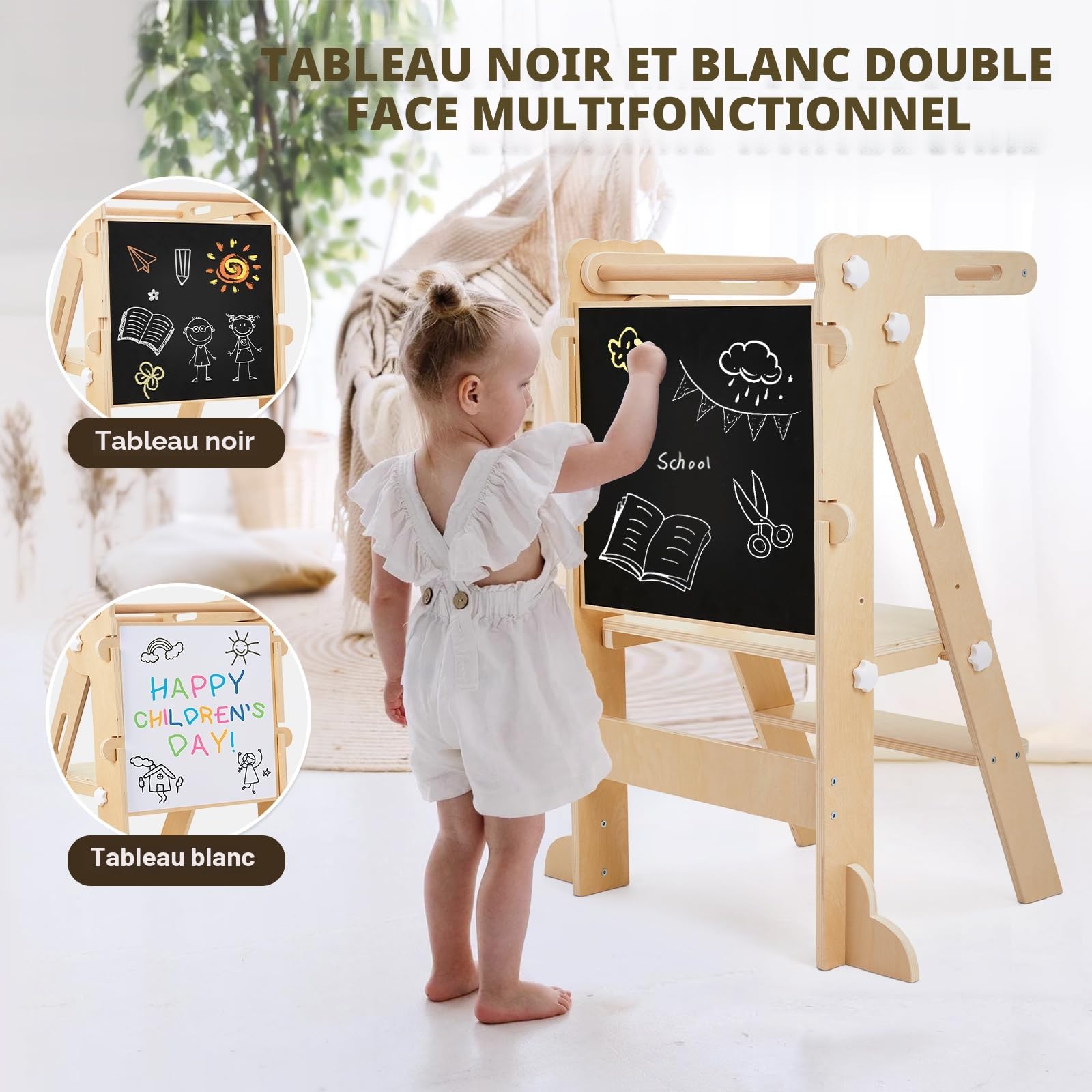 Labebe Tour d'apprentissage pour Enfants, 3 en 1 Montessori Pliable Tour d Observation, Multifonctionnelle Réglable Tour d'apprentissage avec Tableau Double Face à partir de 1 an (Bois)