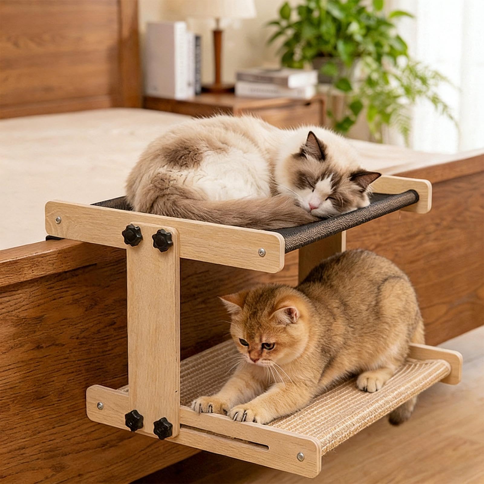 Genérico Cat Window Perch - Double Layer 18-Inch Hanging Cat Hammock, Solid Wooden Floating Pet Bed, Four Season Sleeping | Easy Adjustable Mount For Windowsill Bedside Cabinet Drawer Balcony