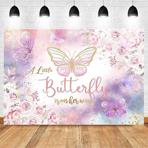 Miniatura 2 de Mocsicka Telón de fondo floral de mariposa para baby shower, acuarela rosa y morado floral, A Little Butterfly is On Her Way Girl Baby Shower