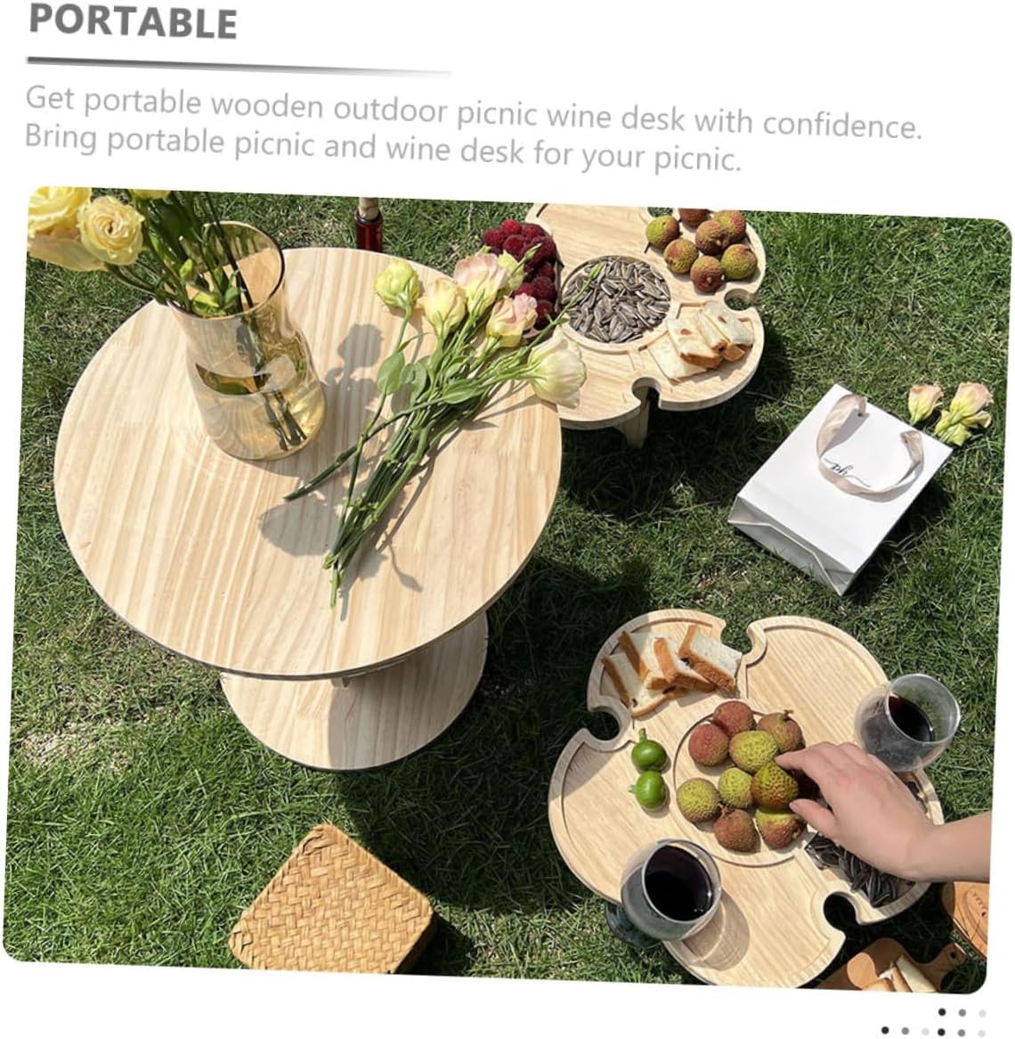 minkissy Portable Folding Wine Picnic Table Wooden Beach Wine Holder Outdoor Camping Beverage Desk 35cm Diameter Petal Shape for Patio BBQ and Picnic