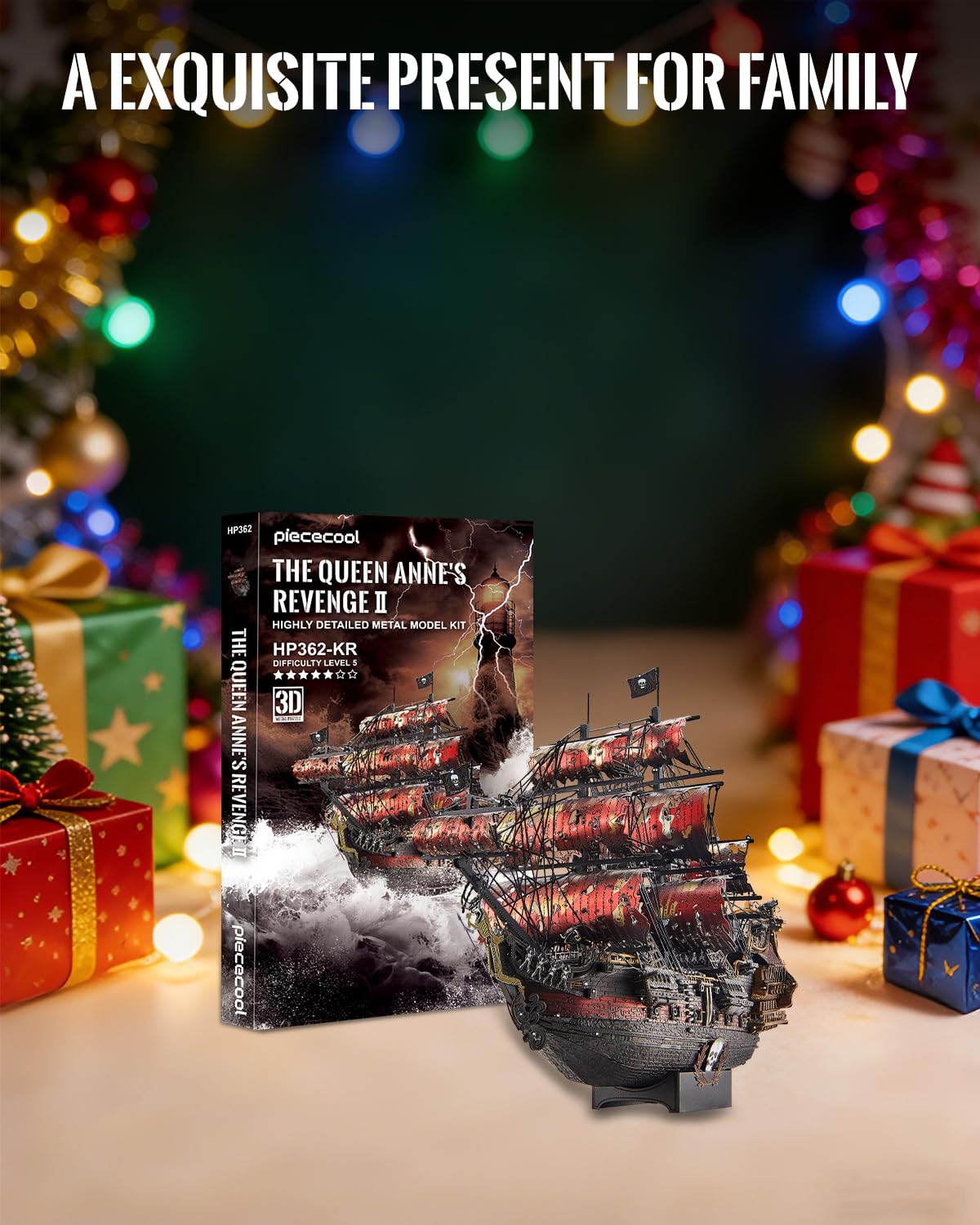 Piececool 3D Puzzle Metall Piratenschiff Queen Anne's Revenge, Modellbausatz für Erwachsene, 439 Teile, Edelstahl, Segelboot