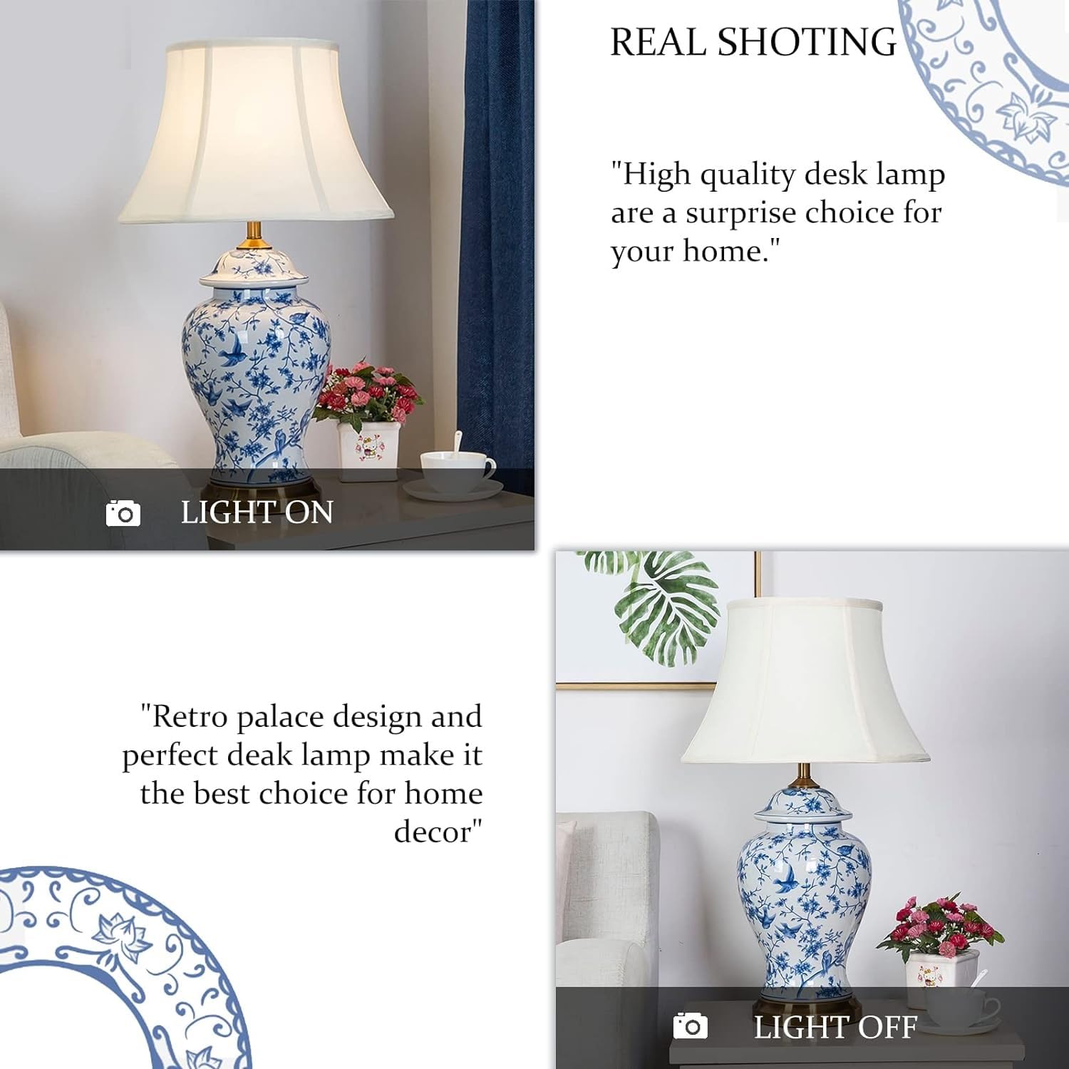 ZHANGCUIE Blue and White Ceramic Table Lamp Vintage 26