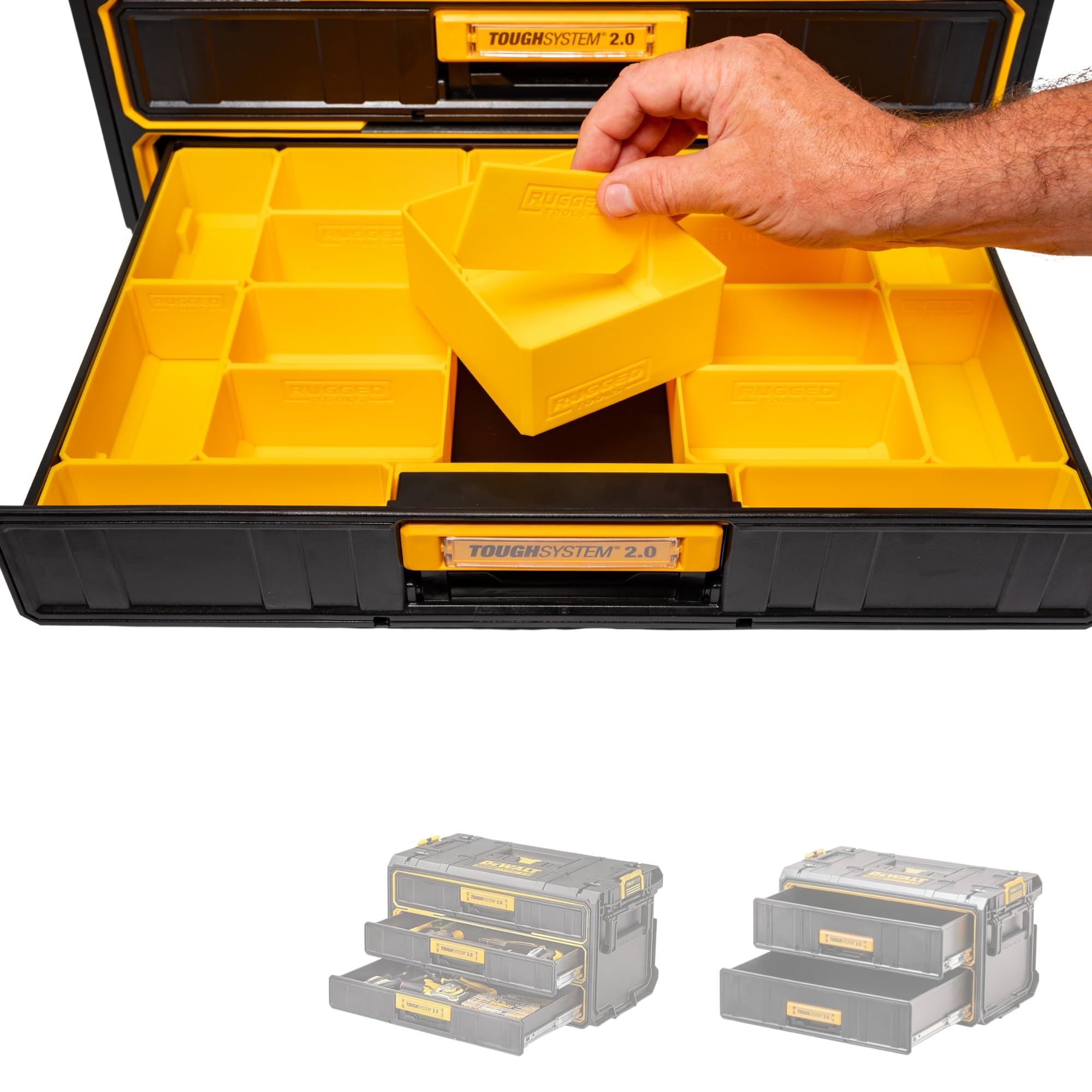RUGGED TOOLS Storage Bins compatible with Dewalt ToughSystem 2.0 Drawer Units (DWST08330 & DWST08320) - Yellow, 1 Set