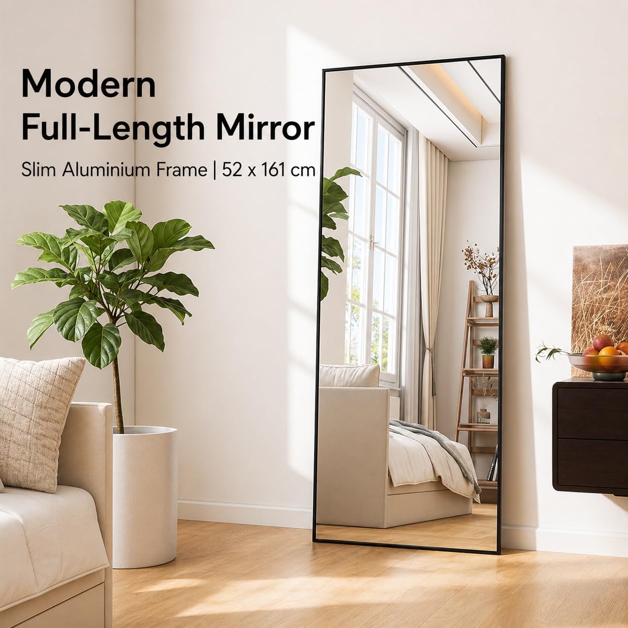 Espejo de Pie Moderno 52x161 cm | Espejo de Cuerpo Entero Resistente con Marco de Aluminio Estrecho | para Salón, Dormitorio y Vestidor | Función Doble: De Pie o Colgante