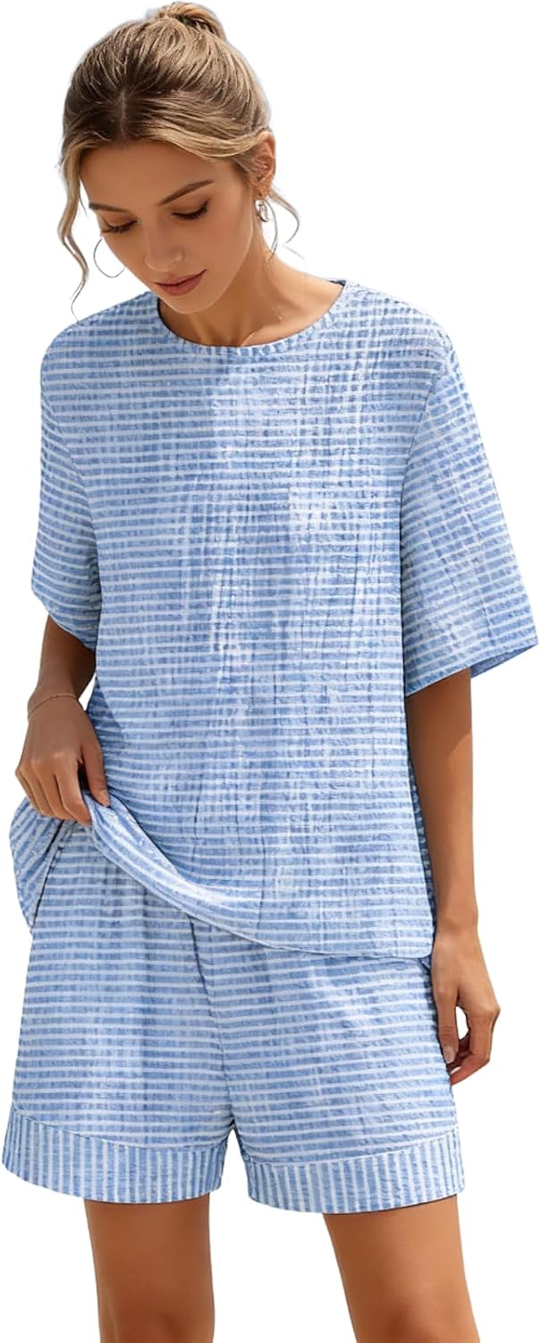 Lounge Sets for Women Crewneck Half Sleeve Shirt 2 Piece Outfits Loose Shorts Set with Pockets Summer Matching Sets