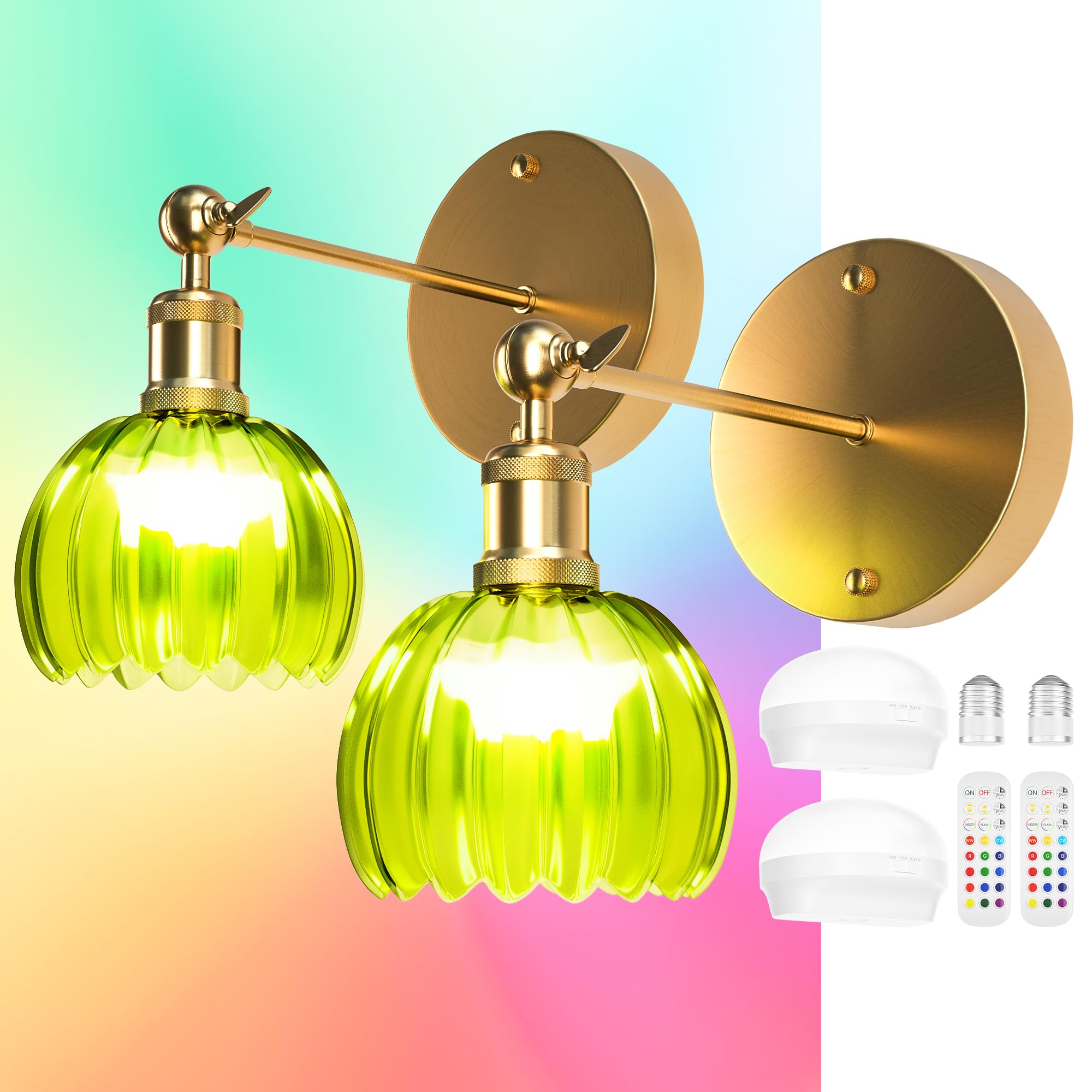 2 pack vintage battery operated wall sconce with green tulip glass lampshade, 4000mah battery, lossless installation battery powered wall light with remote control for bedside bedroom