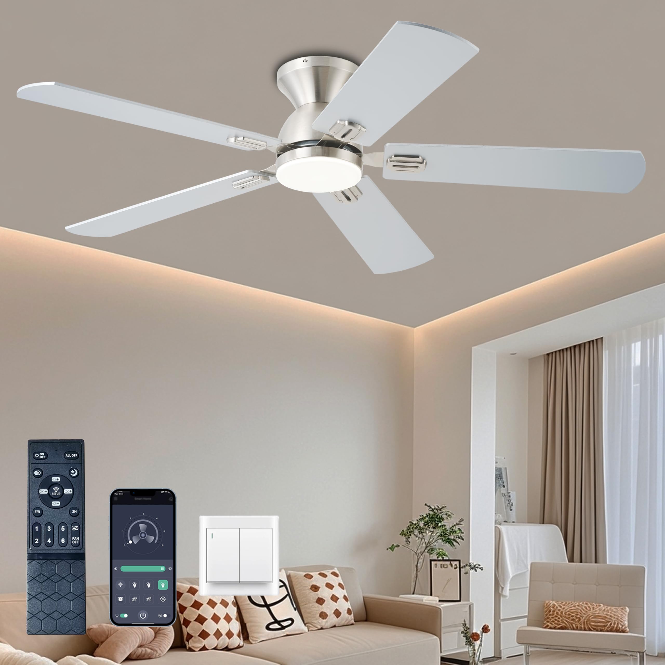 Photo 1 of **FACTORY SEALED** KNUN Ceiling Fan with Light,52 Inch Low Profile Ceiling Fans with Remote Control and App,3 Color Dimmable LED, 6 Speeds DC Reversible,Noiseless, Flush Mount Ceiling Fan for Bedroom, Patio