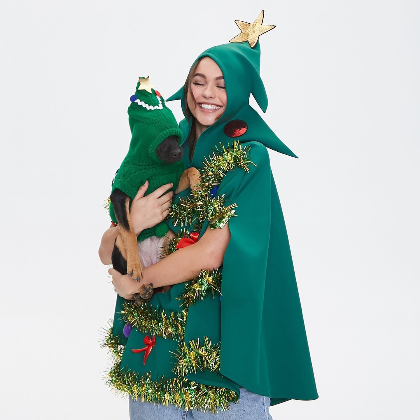 Christmas Tree Poncho Costume Hooded Cape Cloak Cape Bow Ball Tinsel Hairballs Decor Green Xmas Party Tree Poncho