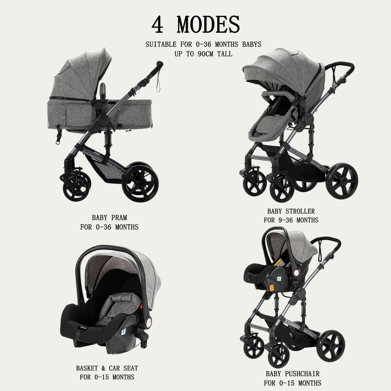Poussette 3 en 1, poussette bidirectionnelle, nacelle cosy et capote inclus, pour naissance bébés de 0 a 3 ans (Gris)