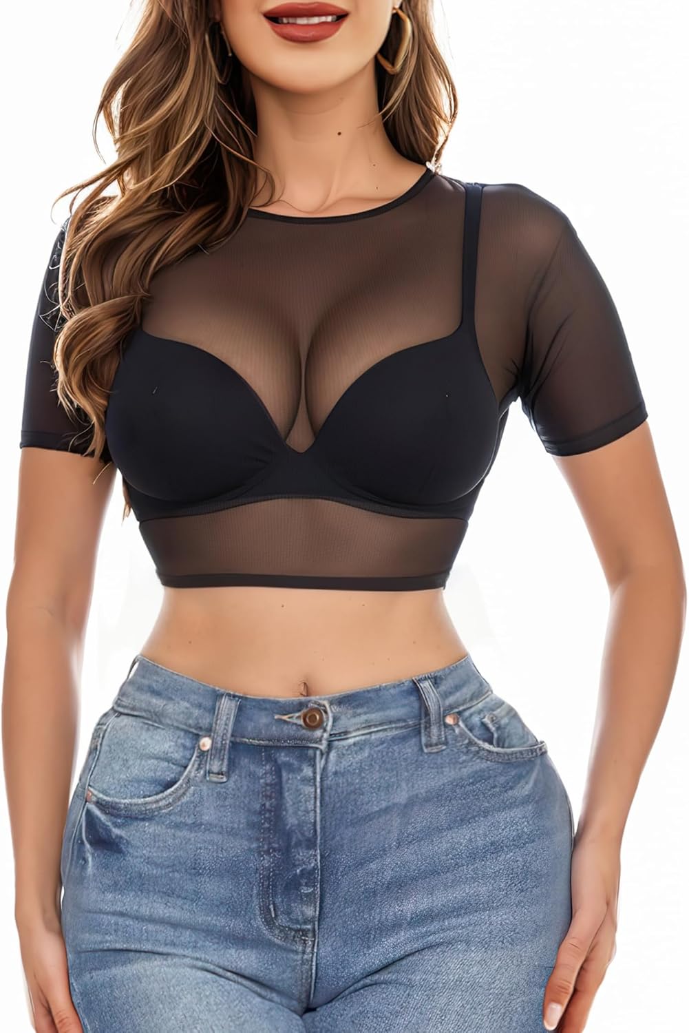 Buauty Black Short Sleeve Mesh Sheer Tops for Women See Through Tops for Women, Summer Loose Short Sleeve T Shirt