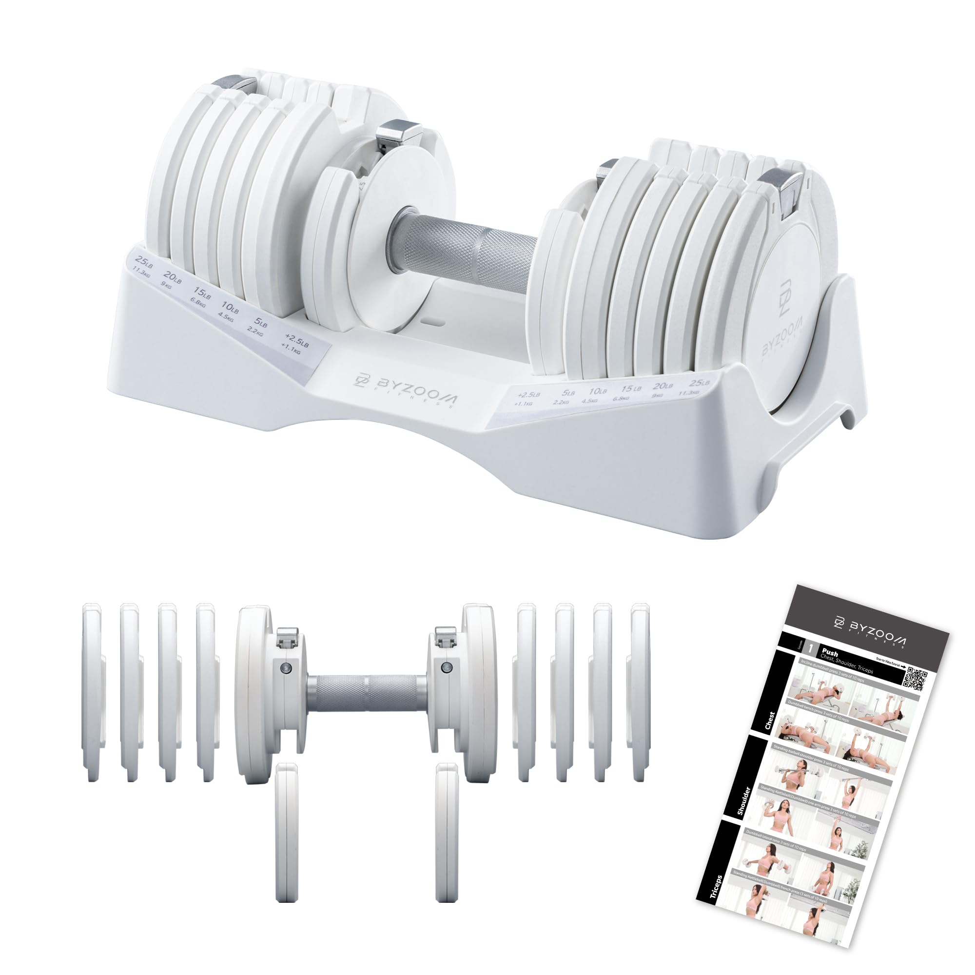 byzoom fitness pure series adjustable dumbbell - 12.5/25/27.5/75lb - one unit or pair(check qty before purchase) - 5-in-1/ 10-in-1 / 21-in-1 flexible hand weights for home gym, strength training & fitness workouts, white or black