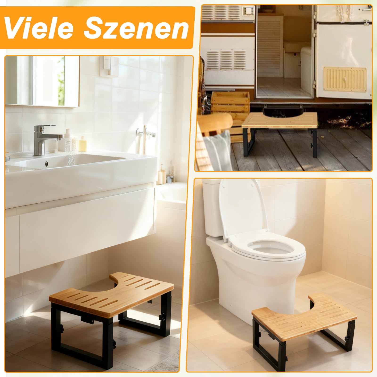 Klappbarer Toilettenhocker aus Holz, Klohocker Hö henverstellbar, Tragbarer WC Toiletten Hocker mit Rutschfester Matte, Kackhocker für Kinder, Erwachsene, Hilfe beim Stuhlgang