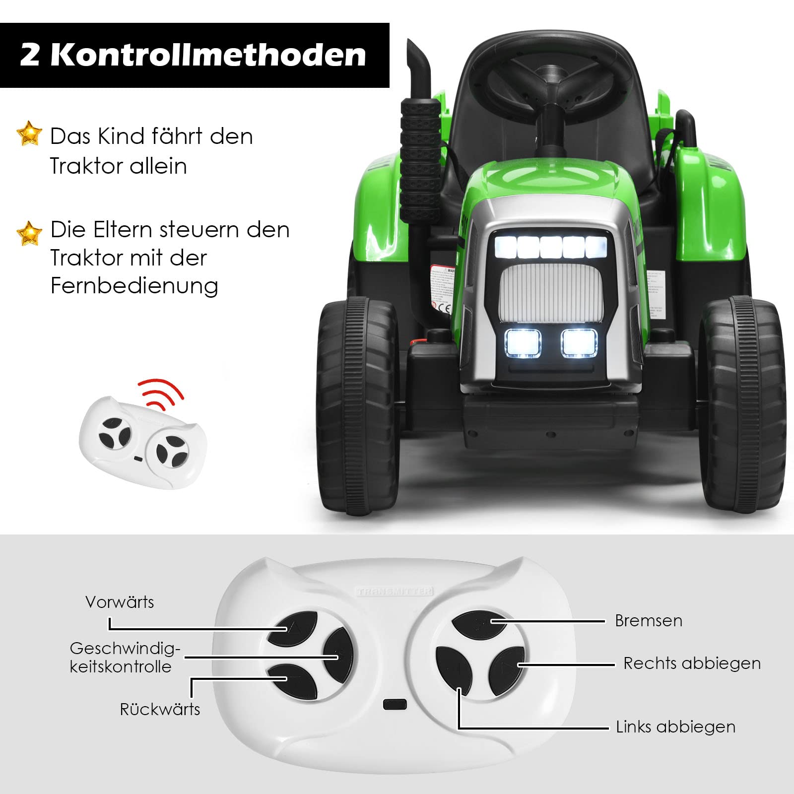 DREAMADE Traktor mit Abnehmbarem Anhänger, Elektrotraktor mit LED-Licht & Musik & Fernbedienung, Kindertraktor mit max. Tragfähigkeit von 30 kg, Aufsitztraktor für Kinder ab 3 Jahren (Grün)