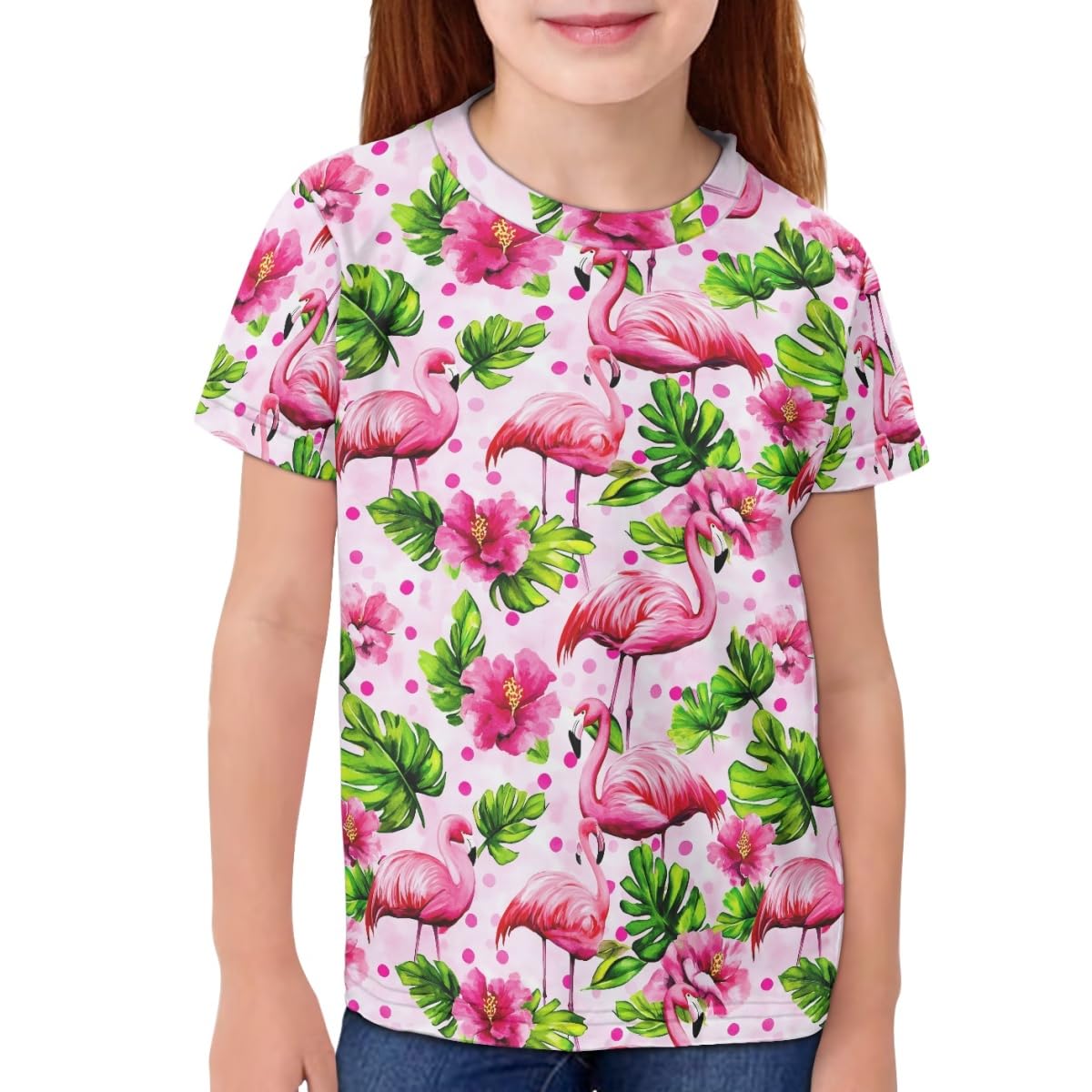 ENLACHIC Girls Teens Pink Flamingo Printed Summer Short Sleeve T-Shirts Cute 3-16 Years