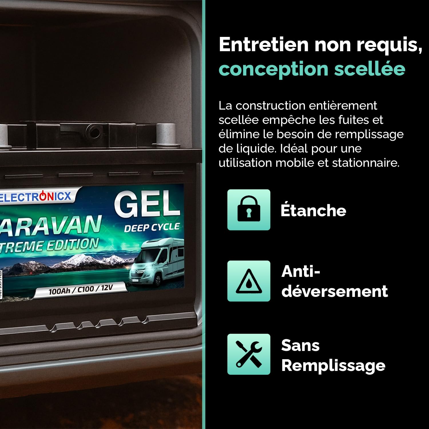 Electronicx Caravan Extreme Edition 100Ah / C100 / 12V Batterie Gel – 100 Ah – Batterie 12V Camping-Car, Van, Bateau, Marine, Solaire – sans Entretien & Robuste – 278×175×190 mm