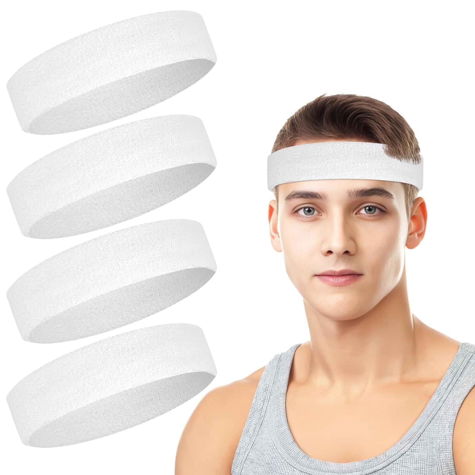 4 Pack Cotton Terry Sweat Headbands for Men Women Running Gym 4 pack soft cotton terry headbands, Stretch 7 to 15 inches, Sweat-wicking, stays put for running, tennis, basketball & yoga