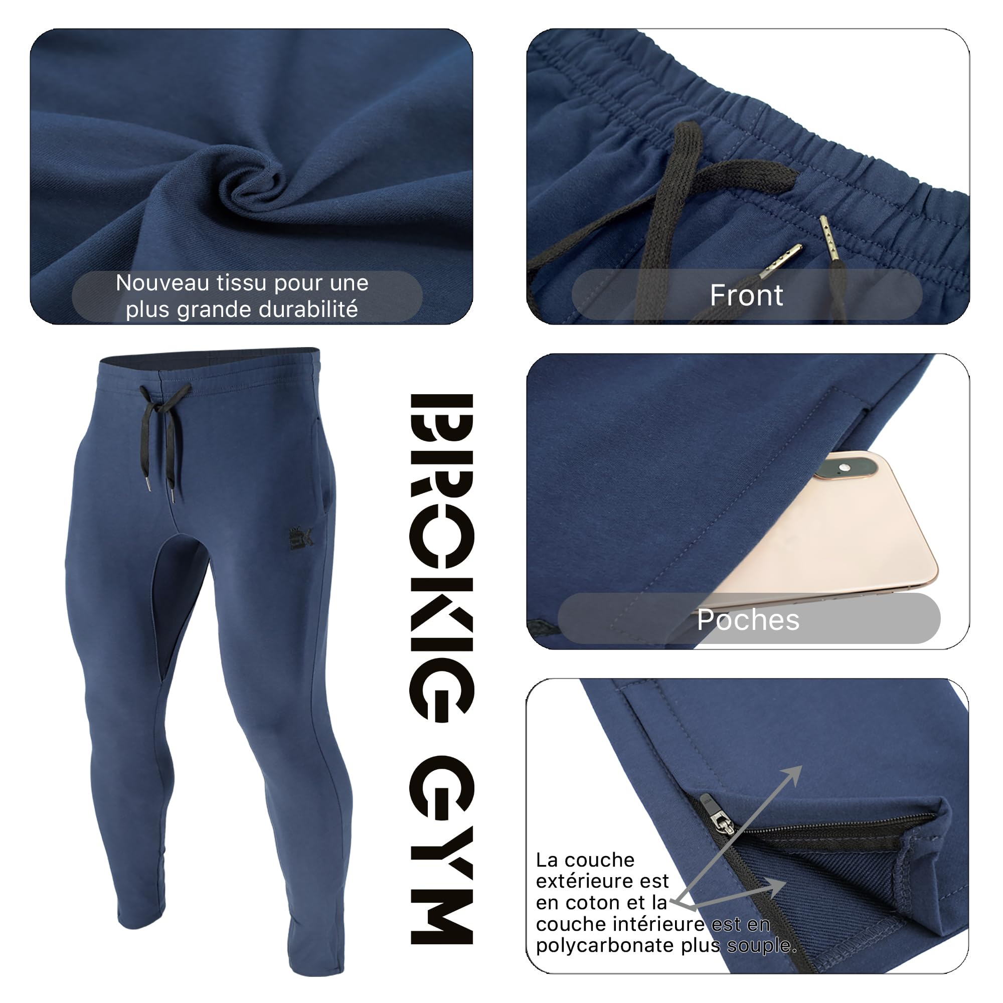 BROKIG Pantalon de Jogging Zippé pour Homme Sport Coton Fitness