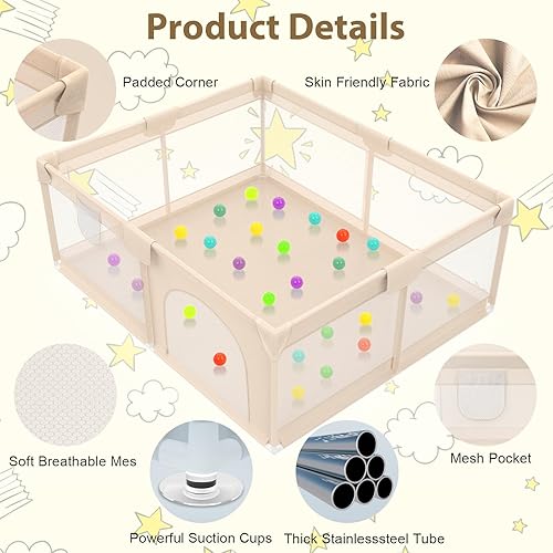 Miniatura 8 de Corralito para bebés y niños pequeños de 50 x 50 pulgadas, corral de juegos para bebés con cubierta de malla suave y transpirable, corralito para
