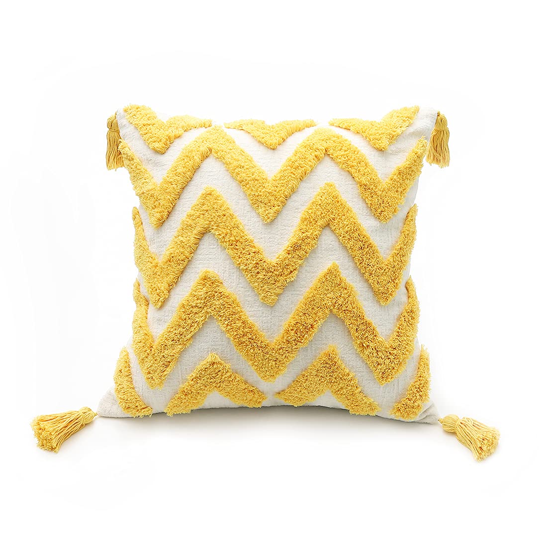 Boho Yellow Throw Pillow Cover 18x18 Inch with Tassels, Striped Tufted Decorative Cream Chenille Fabric Accent Textured Cushion Case for Bed Couch, 1 PC Cover Only No Insert