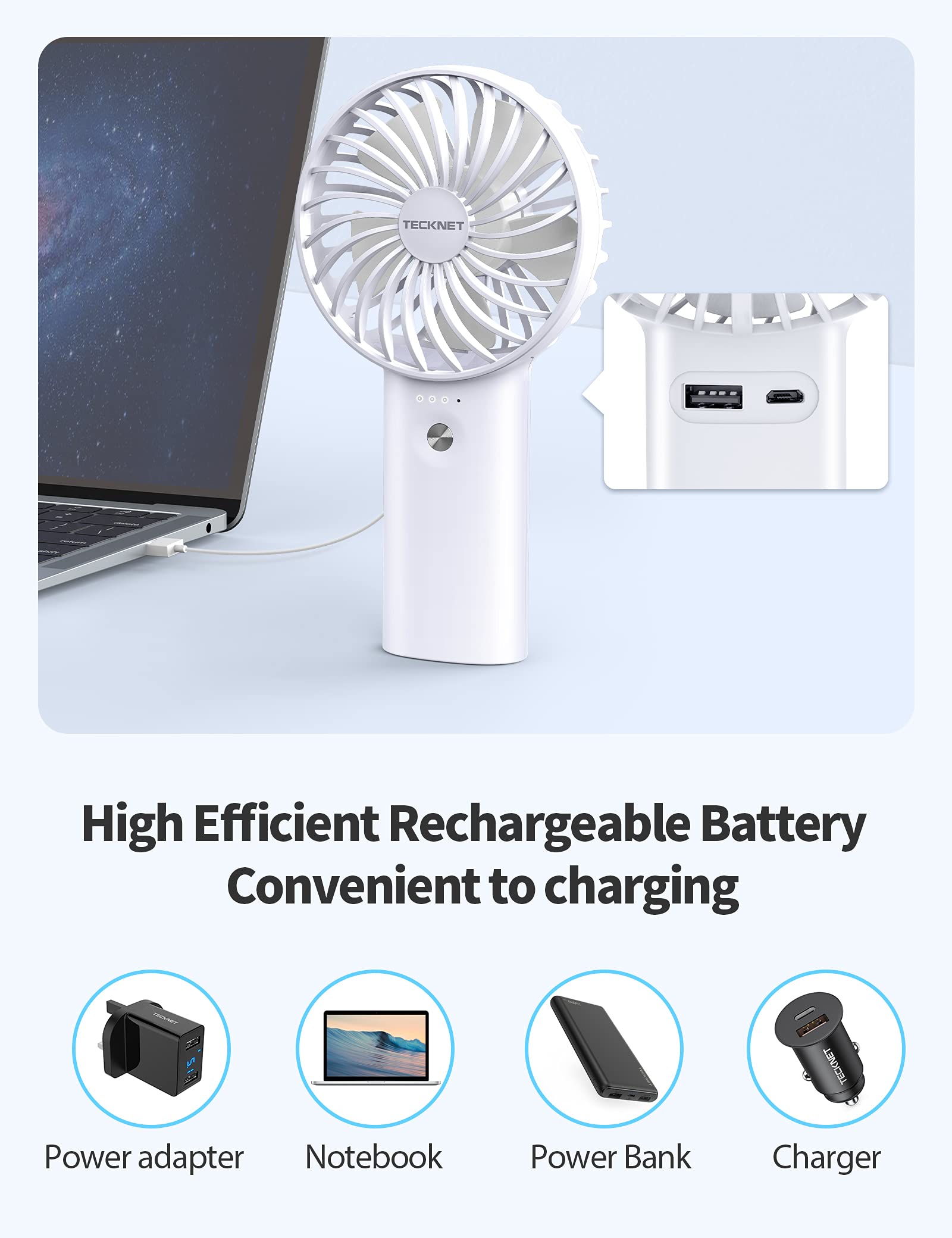 TECKNET Mini Wentylator Ręczny 2 w 1, Przenośny Wentylator 5200mAh z Funkcją Power Banku, USB Ładowalny Wentylator z 3 Regulowanymi Prędkościami, Nadaje się do Użytku Biurowego/Podróży/Na Zewnątrz