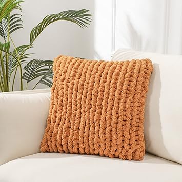 Burnt Orange Chunky Knit Throw Pillow Covers 1PC 18" 18" Square Luxury Style Crochet Pillow Case Fur Pillowcases Decorative Pillow Shell for Sofa Bedroom Cushion