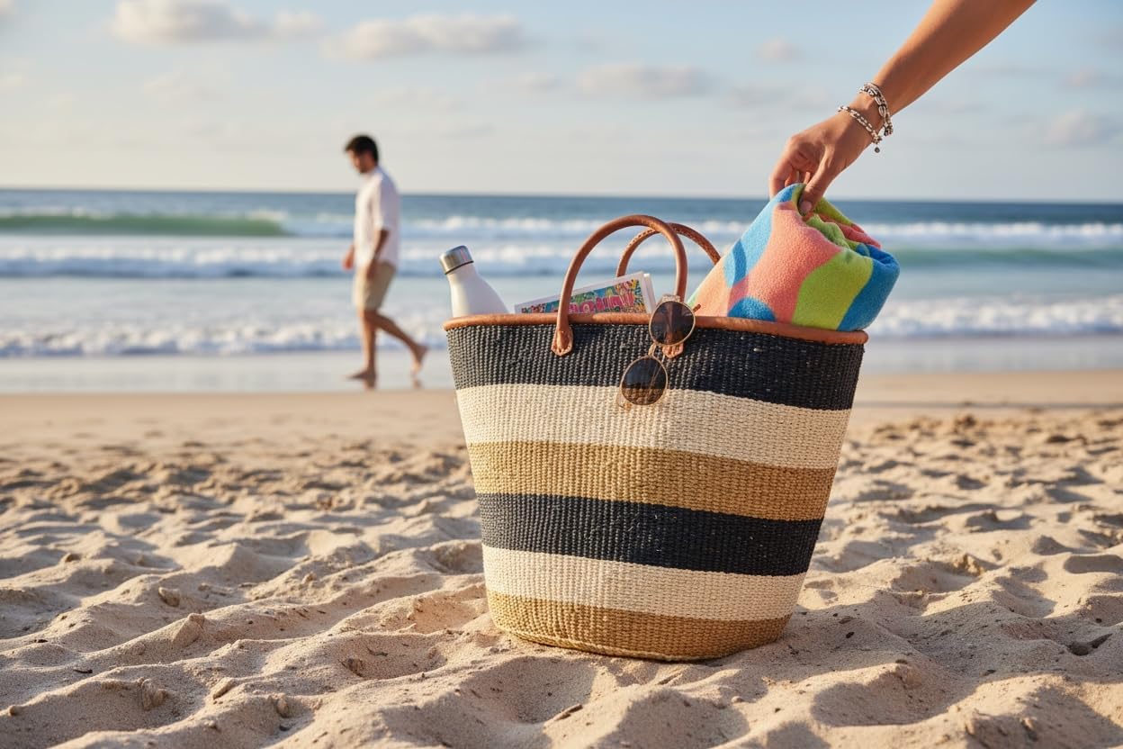 Medium Mifuka Bag Beach Bag Kiondo Kenya Fair trade - Color Block Medium: D:14" x H: 15" With Straps: 20"