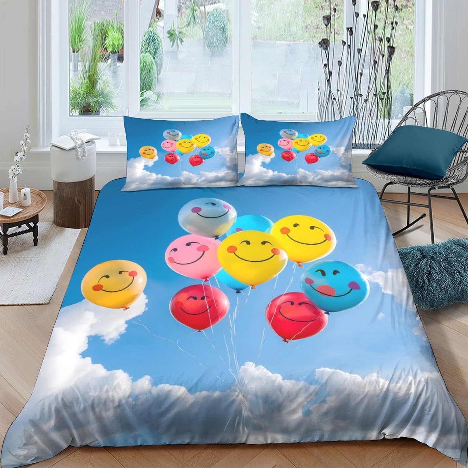 Ctjqhvkz Style-2 3D Printed Smiley Face Fitted Sheet Microfiber Colorful Balloon Cloud Mattress Cover Non Slip Washable For Bedroom Decor Single（135X200cm）