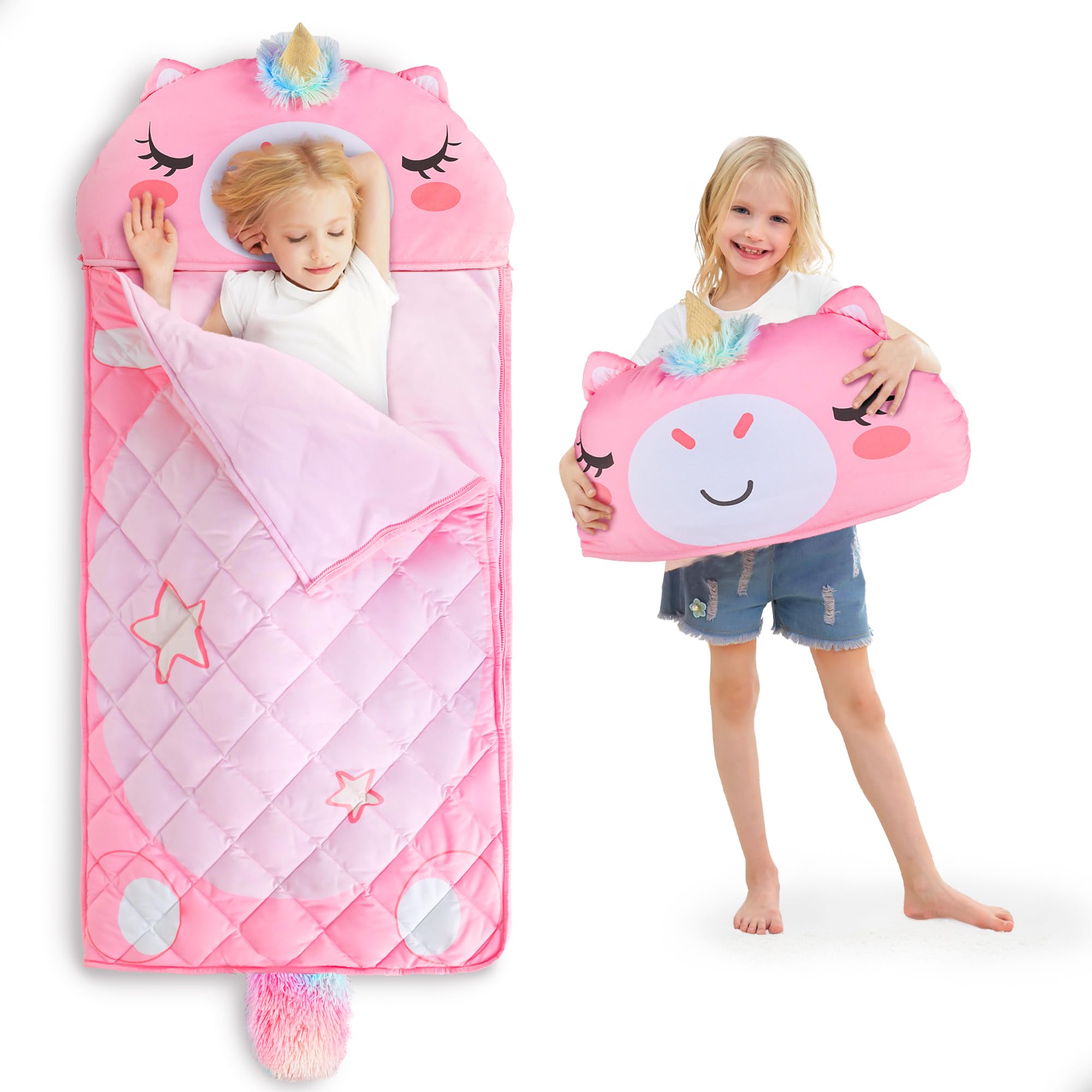 iPlay, iLearn Kid Sleeping Bag, Unicorn Slumber Sack, Toddler Girl Nap Mat, 2 In 1 Pink Animal Cushion Blanket, Happy Travel Sleepover Daycare Preschool Birthday Gift for 3 4 5 6 Year Old Child Summer
