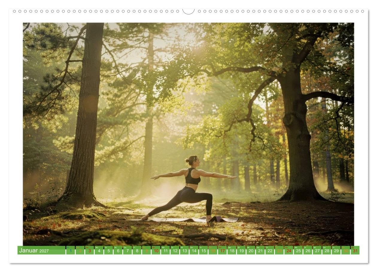 Yoga im Wald (hochwertiger Premium Wandkalender 2027 DIN A2 quer), Kunstdruck in Hochglanz: Die Übungen im Wald verbinden achtsame Bewegung mit der natürlichen Kraft des Waldes. (CALVENDO Gesundheit)