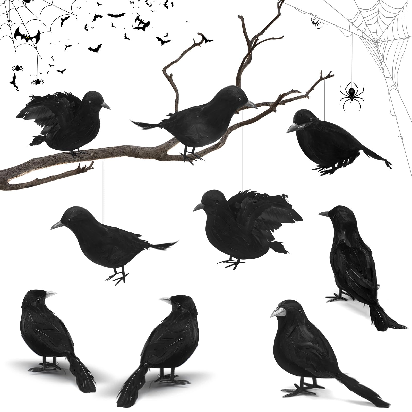 Soaoo 9 Pcs Black Feathered Crows Lifesize Handmade Realistic Crows Prop with Real Feathers Artificial Fake Raven Birds for Halloween Party Indoor Outdoor Yard Tree Garden Porch Hanging Decorations