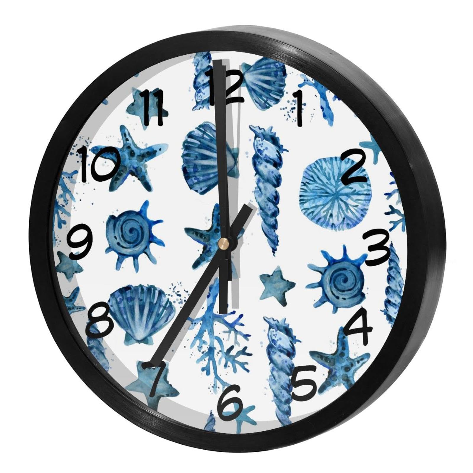 Horloge murale silencieuse quartz bleu marine coquillages décorative