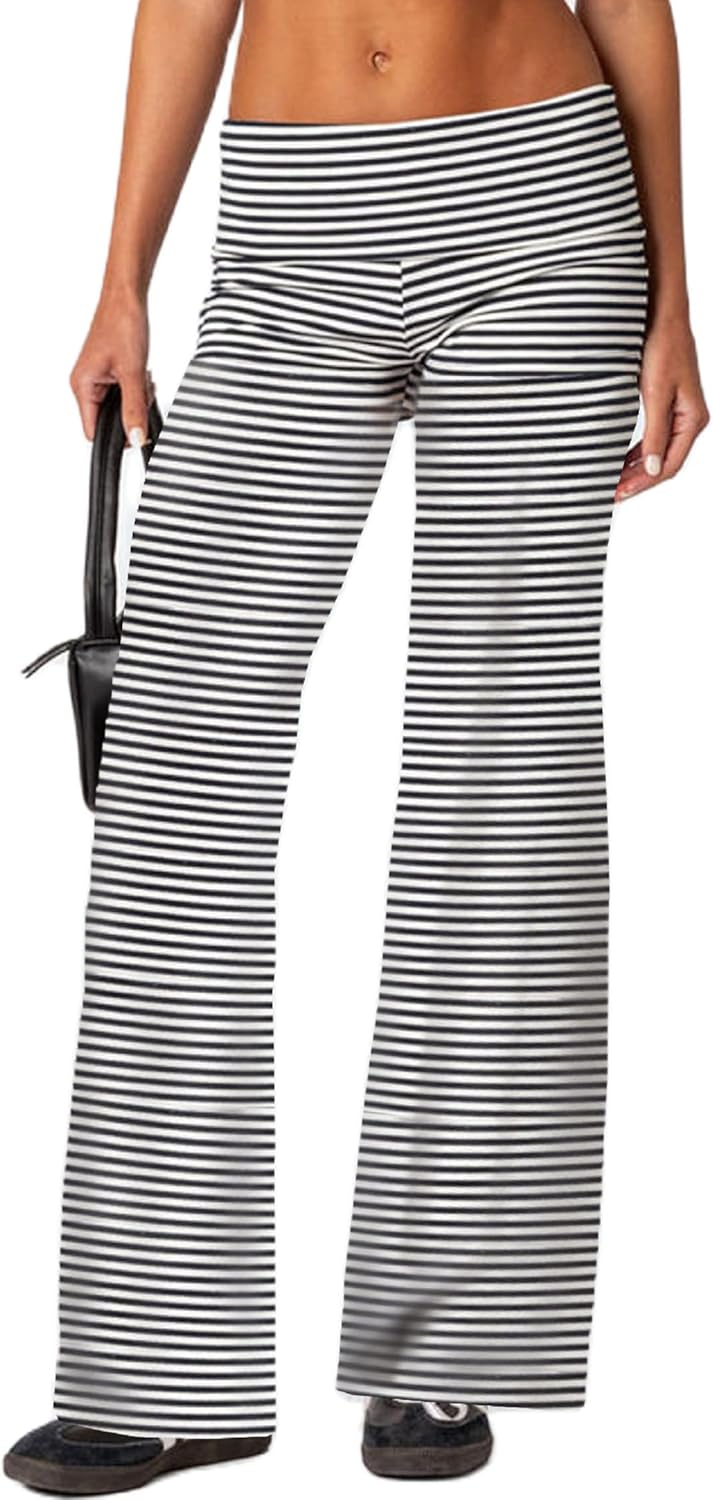 Luckinbaby Women's Flare Skinny Pants Fold Over Leggings Stretch Bootcut Bell Bottom Slim Fit Yoga Pants Y2k Joggers