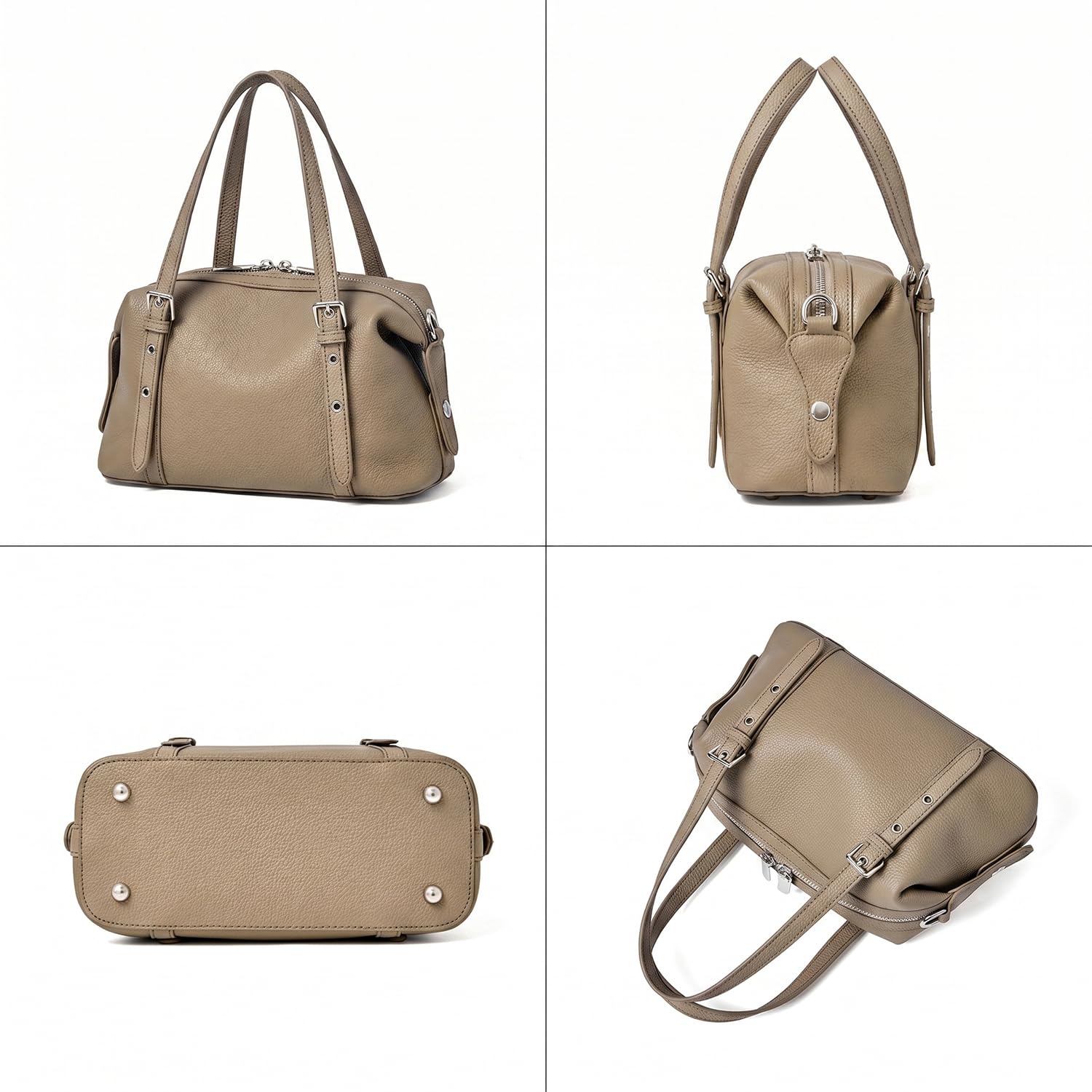Bolso Boston Mujer de Cuero Flor Genuino, Bolso de Mano Gran Capacidad Minimalista, Elegante Bolso de Hombro y Bandolera para Trabajo Diario Negro