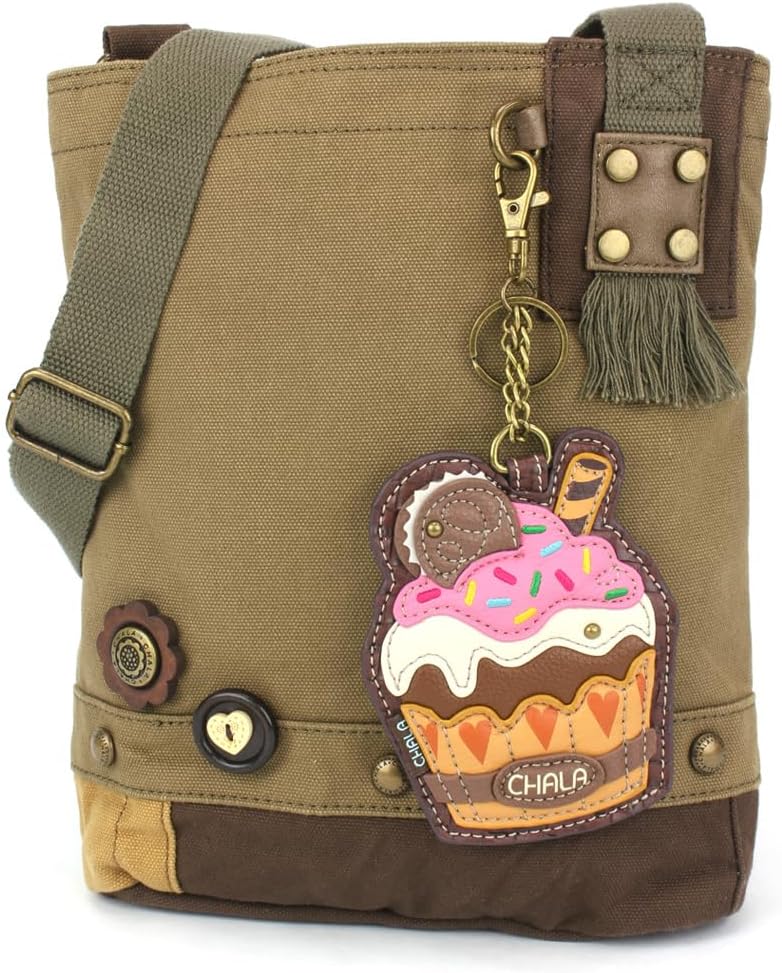 CHALA Patch Crossbody Women Canvas Shoulder Purse with Adjustable Crossbody Strap - Cupcake - olive