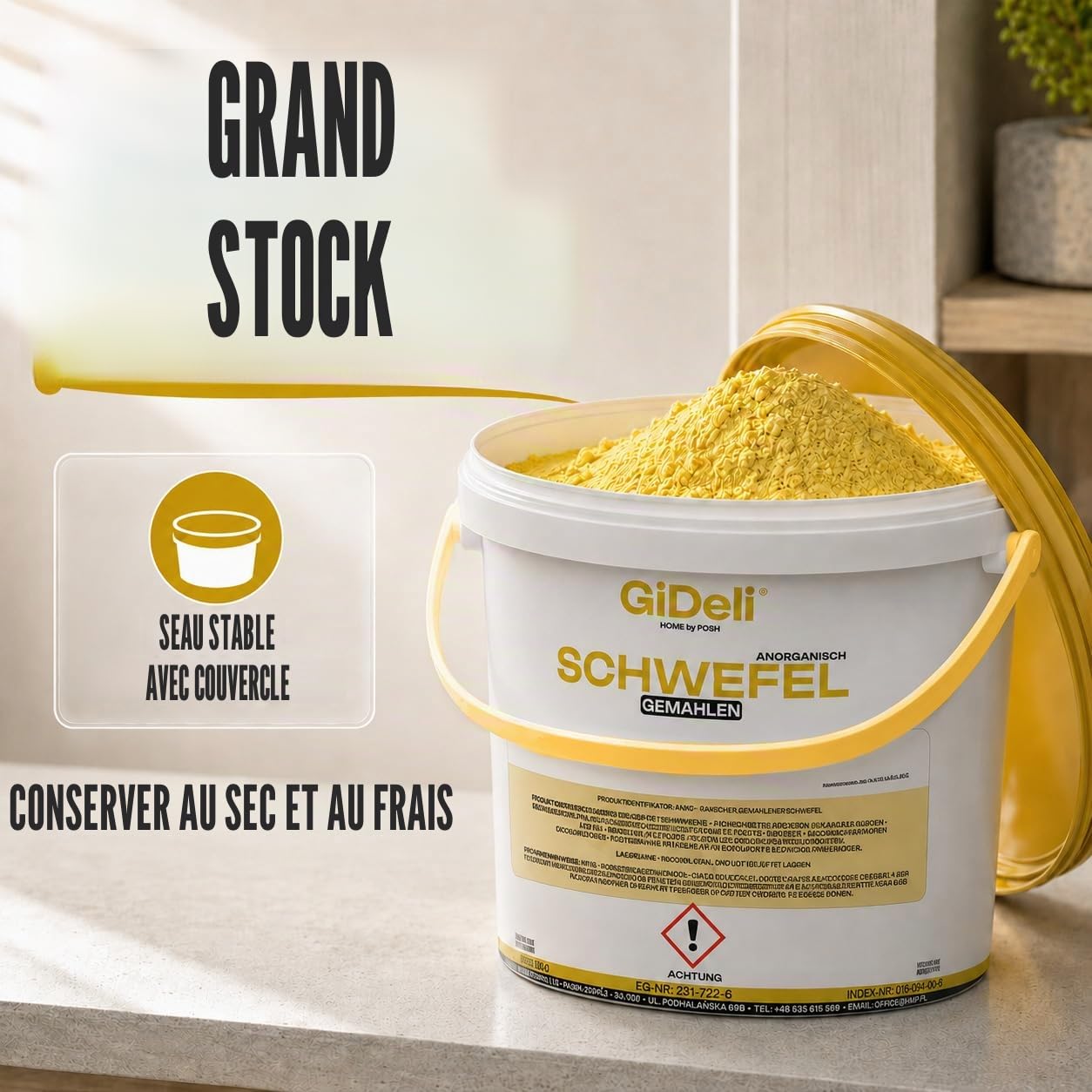 GiDeli Poudre de soufre 5 kg - Inorganique 99,9 % fine - Pour l'industrie cosmétique - Entretien du sol - Soufre dans un seau