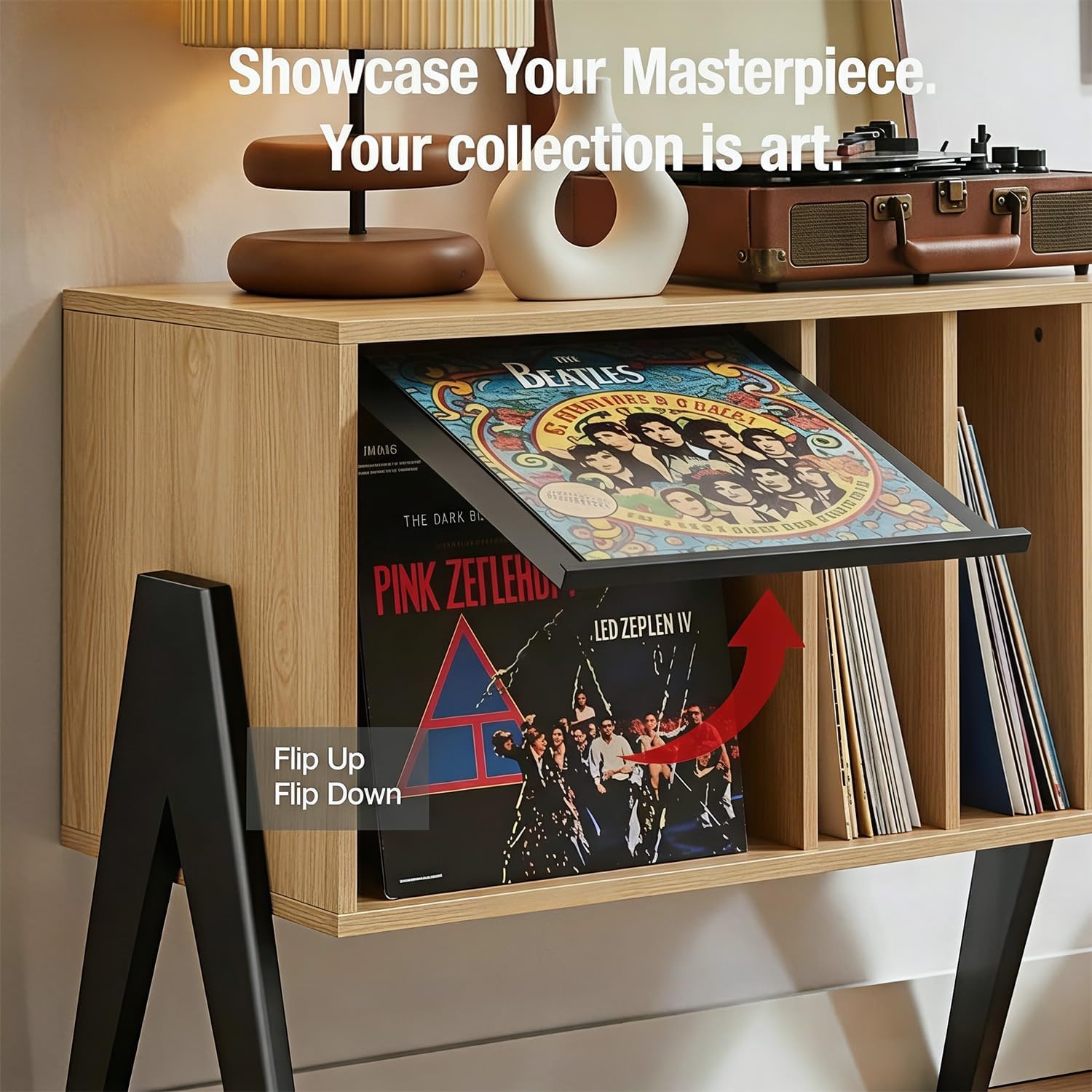 Record Player Stand with Vinyl Storage, 32" Turntable Stand with Flip-Up Album Display, Mid Century Modern Light Oak Vinyl Record Storage Cabinet, Audio Media Console Table with V-Shape Legs