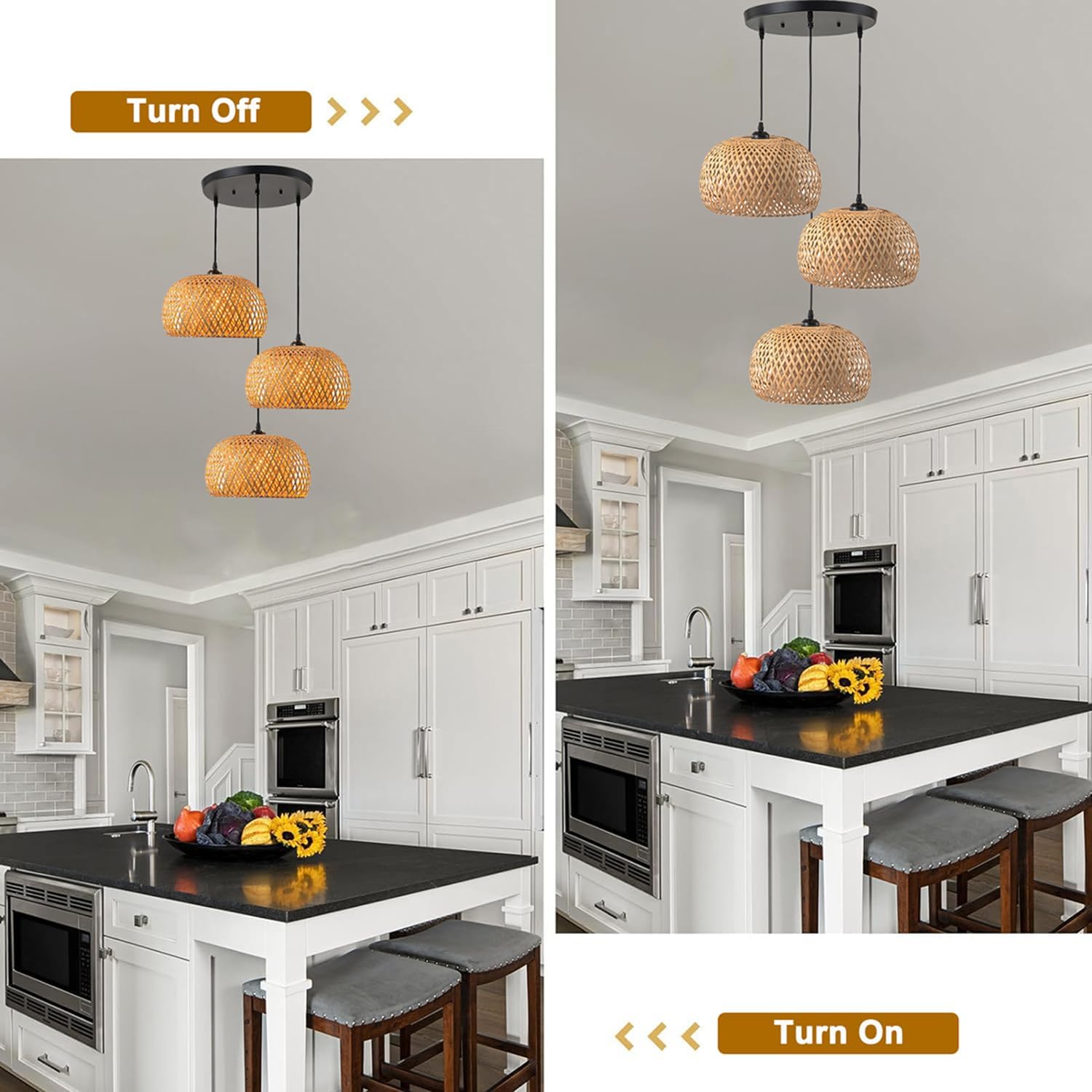 Rattan Chandelier Lighting 3-Light Wicker Pendant Light Bohemia Hand Woven Bamboo Shades Vintage Mid Century Pendant Lights for Kitchen Island Farmhouse Dining Table