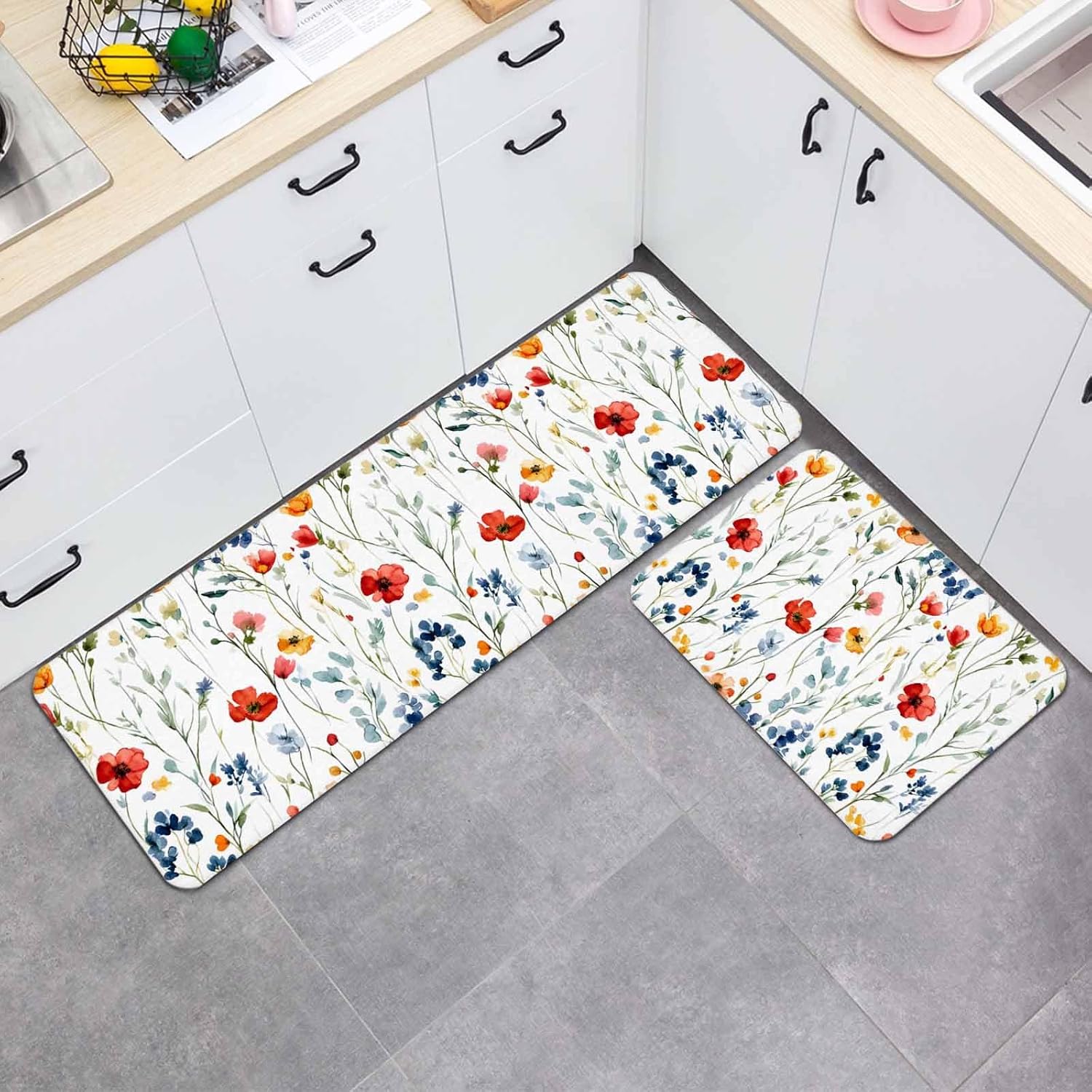 Prime Leader Independence Day Kitchen Mat Set 2 Pieces Red Blue Poppies Flowers Leaves Non Slip Kitchen Rugs Washable Runner Rug Mats for Sink Laundry (23.6" x 35.4"+23.6" x 70.9")