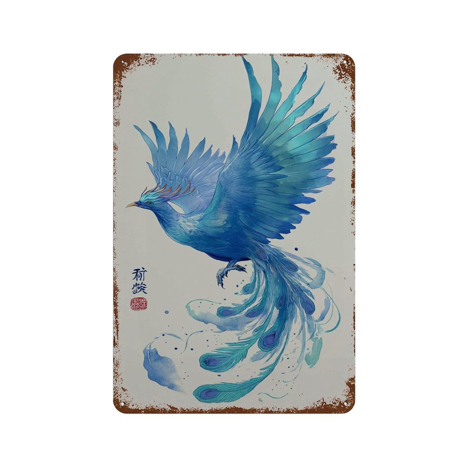 xiaoxiaoshen Blue Phoenix Watercolor – Mythical Bird Asian Wall Decor Art Metal Tin Poster Modern Home Decor Art Home Bar Shop Decorations Vintage Sign 30x20cm
