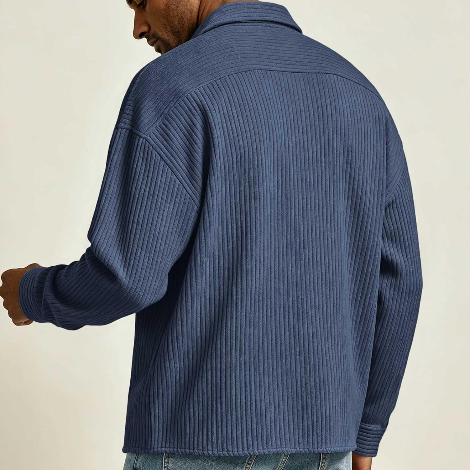 Mens Ribbed Knit Button Down Shirt Long Sleeve Lapel Casual Shacket