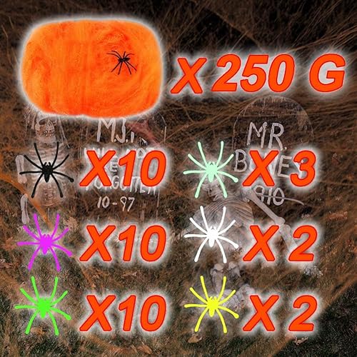 Miniatura 2 de Telas de araña brillantes de Halloween de 8.82 oz para interiores y exteriores, con 37 arañas falsas para decoraciones de Halloween, naranja con