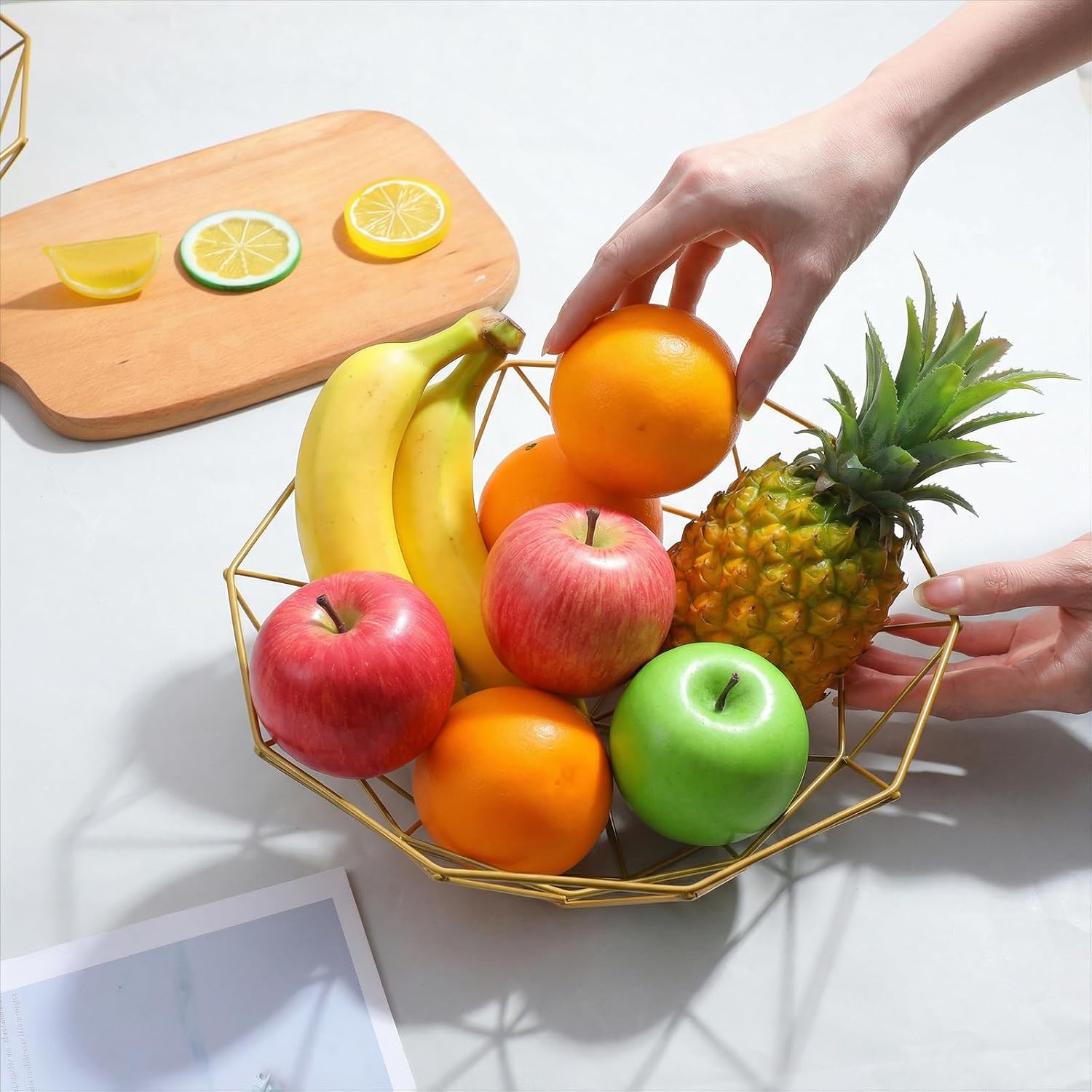 2 Pack Gold Fruit Basket for Kitchen Counter, Elegant Gold Wire Basket with Geometric Shape Design, Metal Fruit Bowl for Countertop, Table Centerpiece, and Home Decor(10.63" x 3.74")
