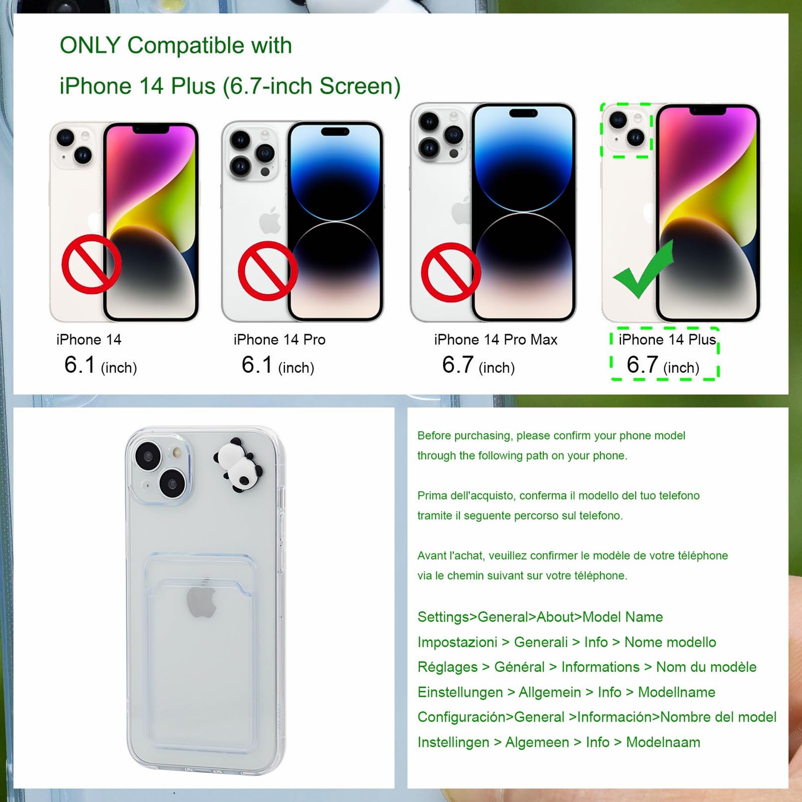 Chengyuanfeng Cover Trasparente per iPhone 14 Plus con Porta Carte, Custodia Ultra-Sottile 1,5 mm in TPU Antigiallo Antiurto, Minimalista Portafoglio con 3D Panda Applicato a Mano, Studenti e Campus