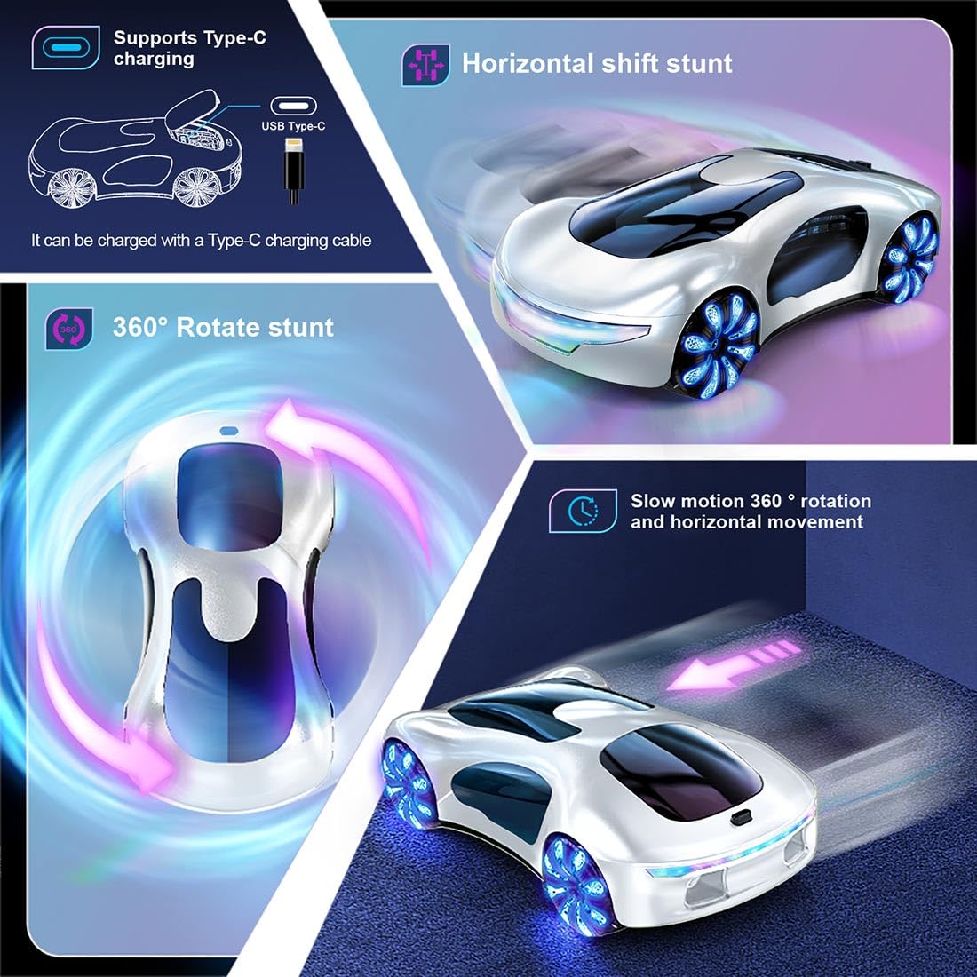 RC Drift Car 2,4 GHz, zdalna koncepcja nowej energii ze stacją ładującą i podwójnym wzmocnieniem natrysku – akrobacje 360°, 4 tryby oświetlenia, różowy gradient dla dorosłych, chłopców