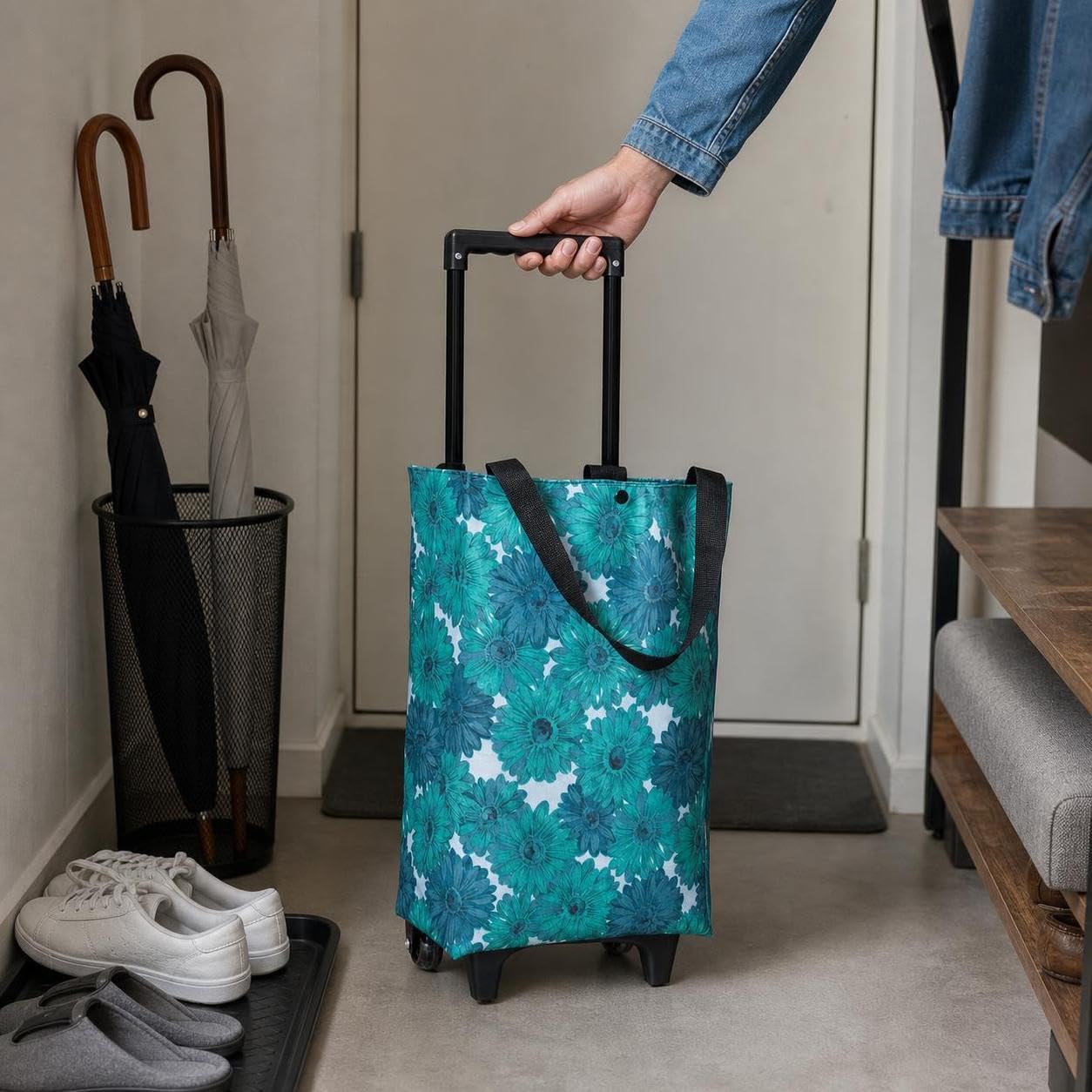 Borsa Carrello Spesa Borsa Carrello Borsa Spesa Carrello Borsa Spesa Ruote Borsa Spesa Pieghevole con Ruote Affidabili E Capacità Generosa Tessuto, Stampa floreale margherita