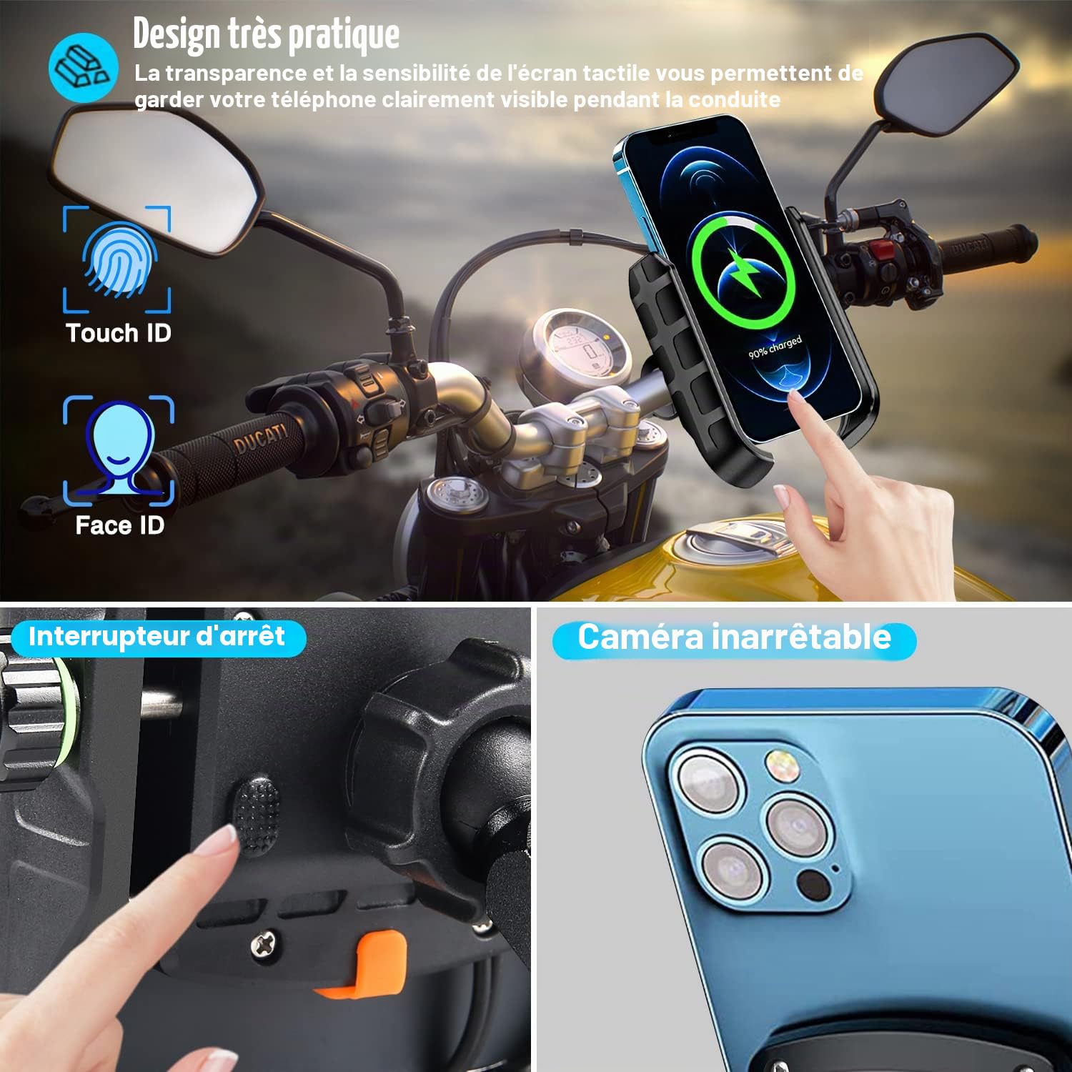 iMESTOU Support de Téléphone sans Fil QC3.0 USB C pour Guidon de Moto Fonctionne avec Les Motos 12 V/24 V ou en Branchant à Une Prise USB A Universelle pour Téléphones Portables de 4 à 7 Pouces