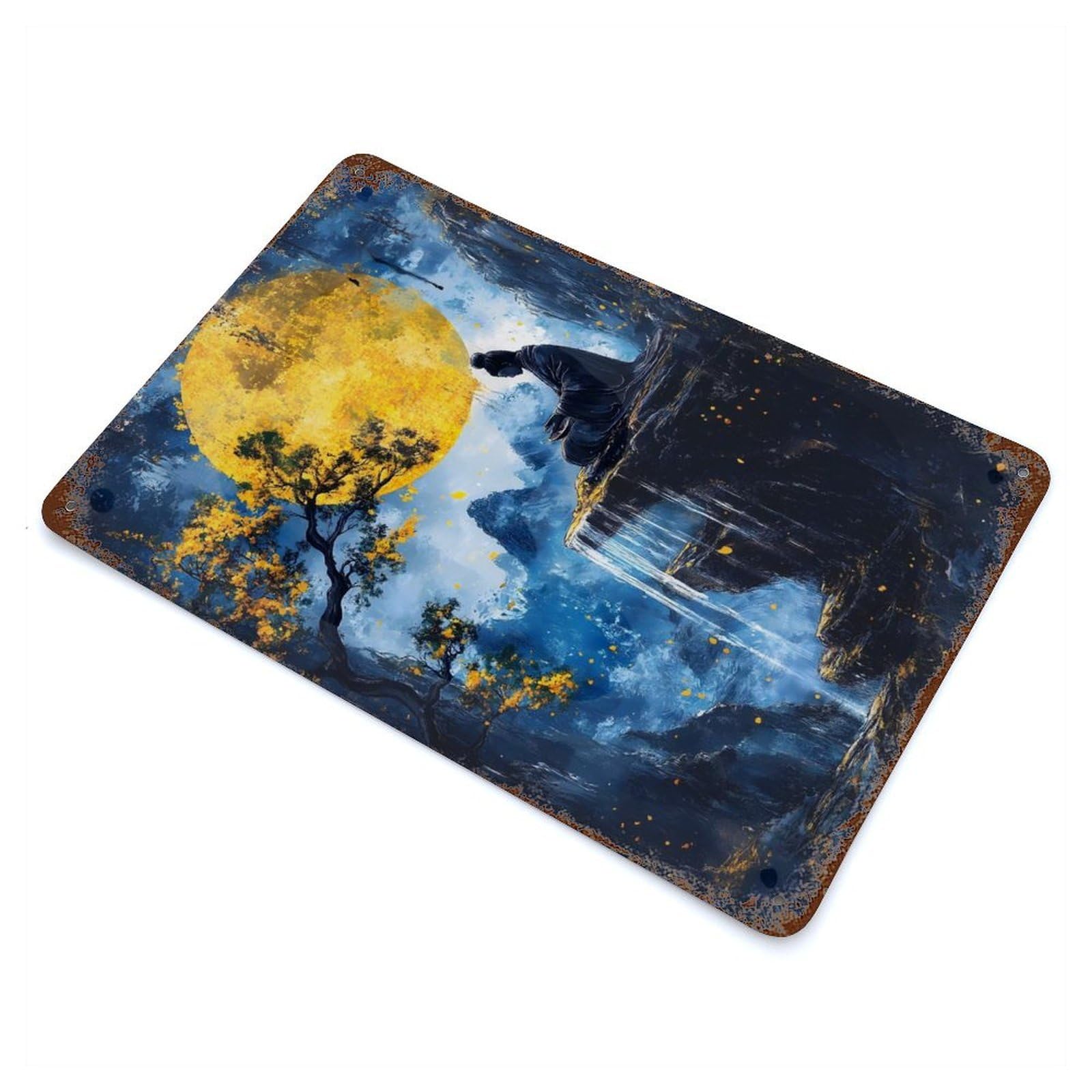 Garage Style Zen Meditation Under Full Moon Aged Metal Wall Plaque 11.8"x7.9", Farmhouse Wall Decor for Bar And Workshop