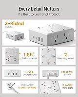 Vista 8 de Cable de extensión de 10 pies con múltiples tomas, tira de alimentación con protector de sobretensiones de enchufe plano, cable de 10 pies de largo