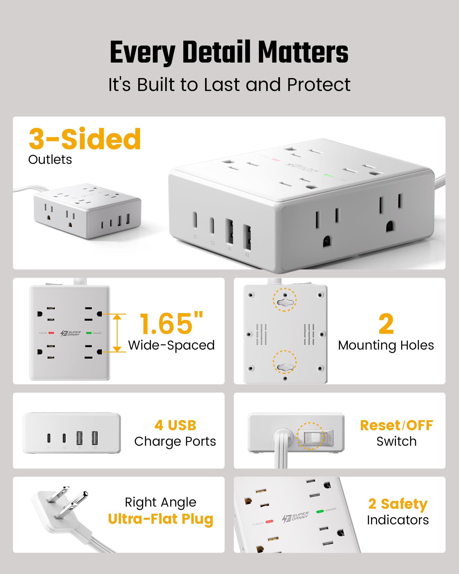 10Ft Extension Cord with Multiple Outlets, Flat Plug Surge Protector Power Strip 10 Ft Long Cord, 8 Outlets & 4 USB Ports (2 USB C), Desk Charging Station for Home Office, College Dorm Room Essentials