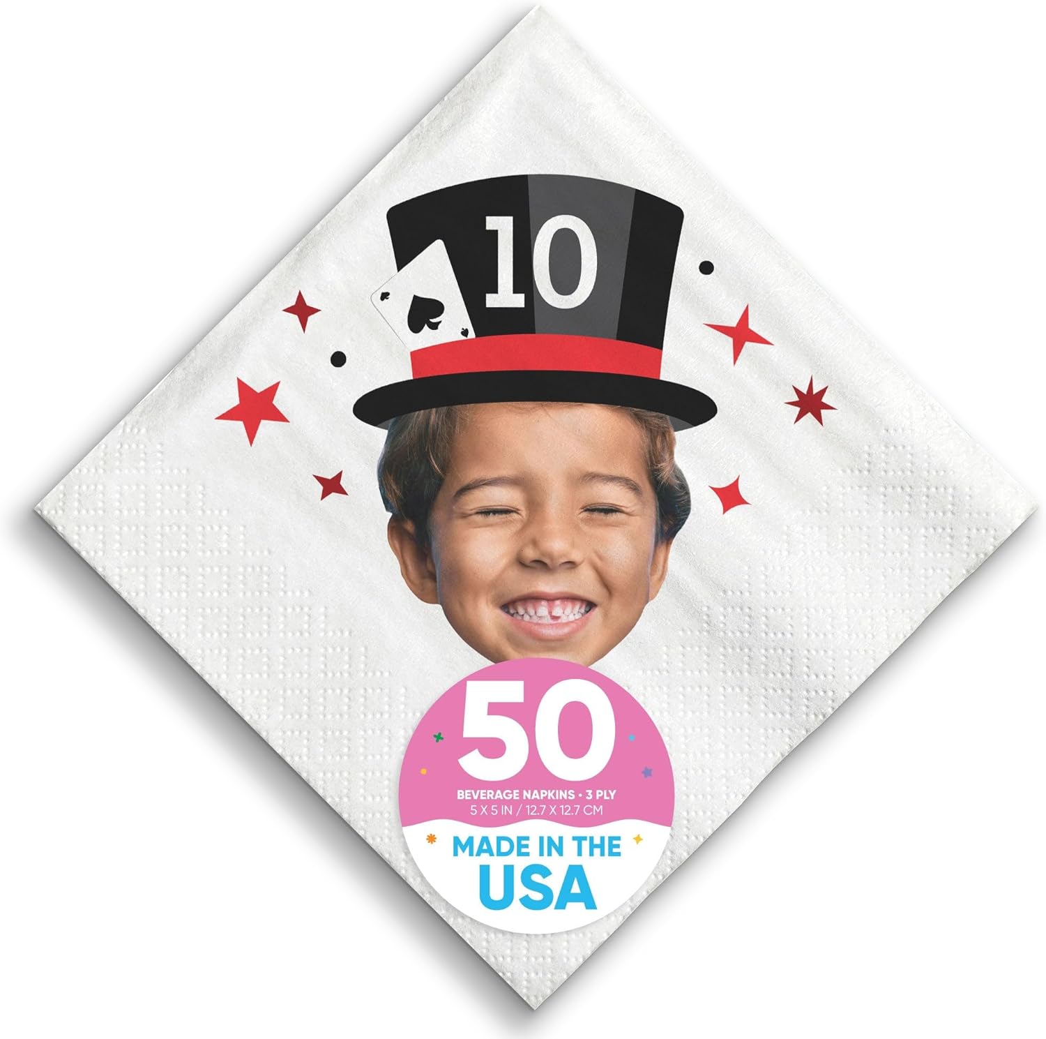 Big Dot of Happiness Custom Photo Magic Show Party Napkins, Personalized Magical Kids Birthday Decor, White 3-Ply Paper Beverage Napkins - 50 Count